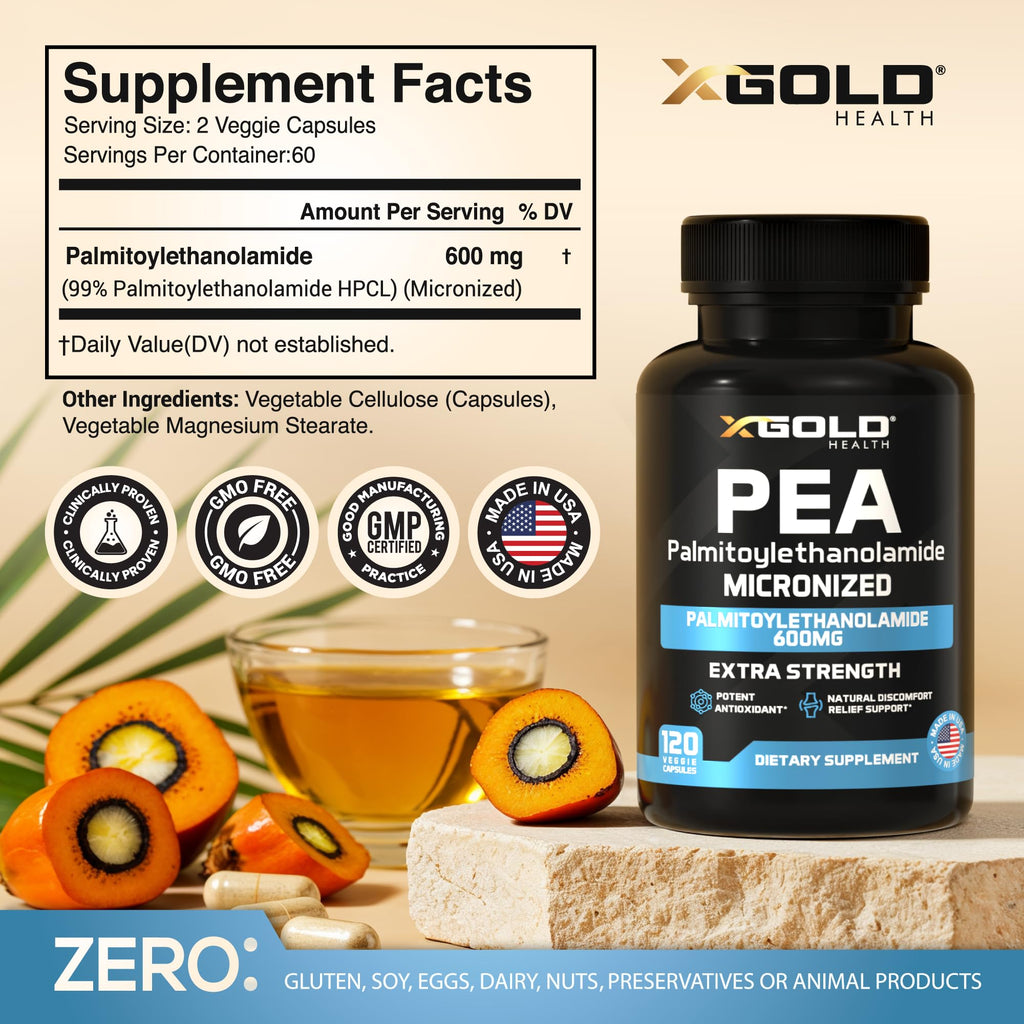 Palmitoylethanolamide Pea Supplement 600 mg | Micronized Pea 99% Highly Purified and Bioavailable | Made in USA | Supplement for Men and Women - 120 Capsules