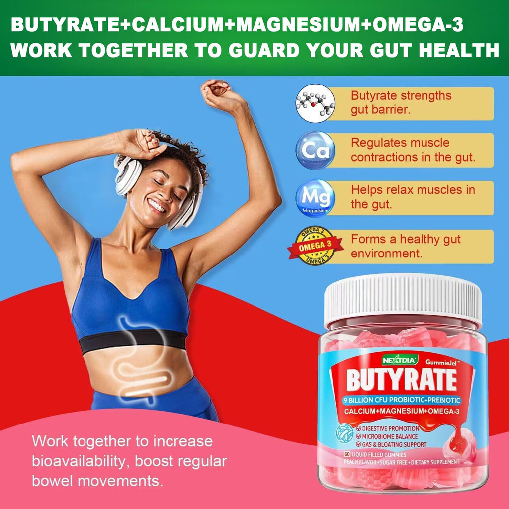 Butyrate Gummies with Probiotic + Prebiotic + Postbiotic, Omega-3 500mg,Fiber with 9 Billion CFU Probiotics, Calcium & Magnesium, Inulin,Psyllium Husk for Digestive Health,Bloating Support,Sugar Free Nextdia Au supplements