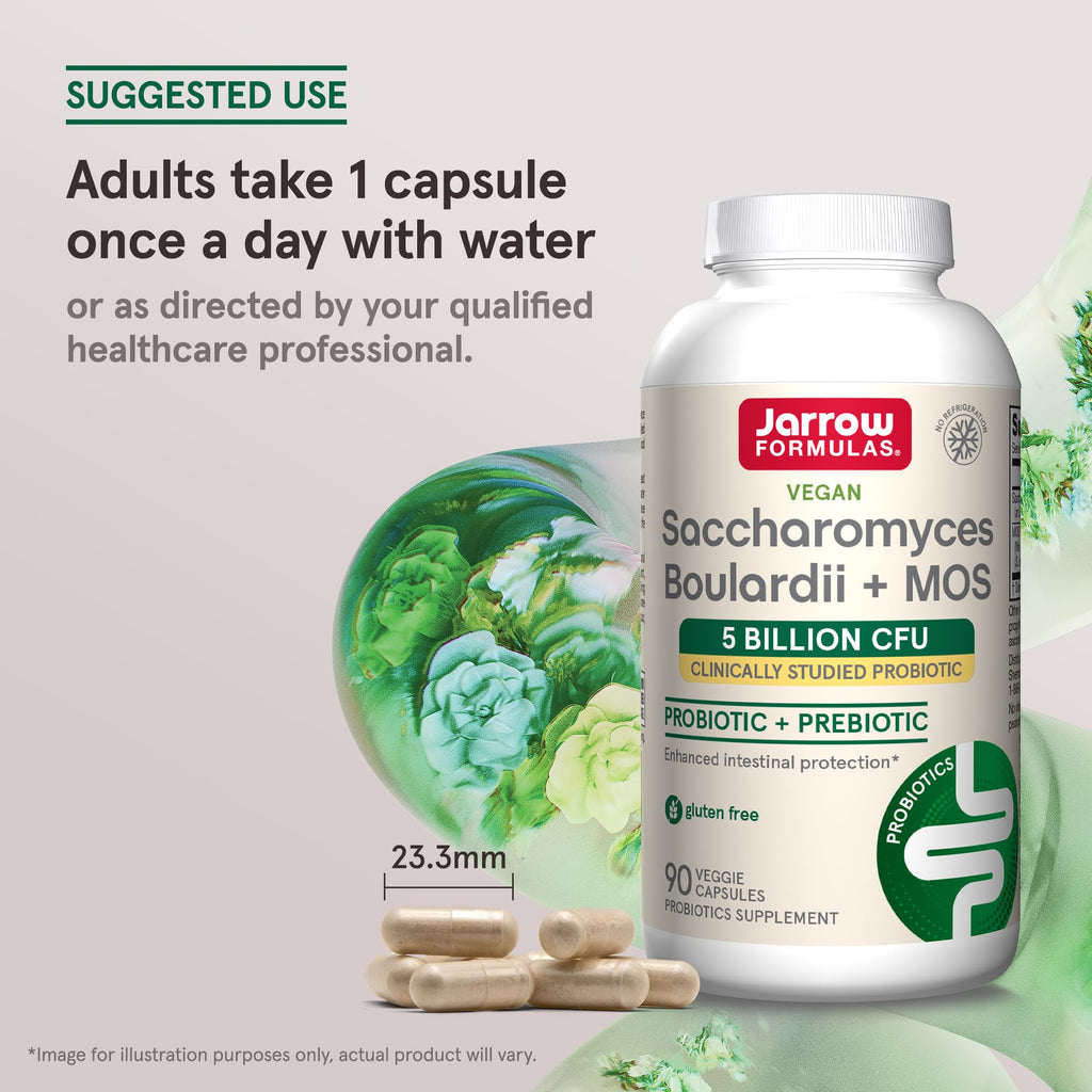 Jarrow Formulas Saccharomyces Boulardii + MOS Probiotics for Digestive Health and Intestinal Tract Support - 5 Billion CFU Per Serving - 90 Delayed Release Caps