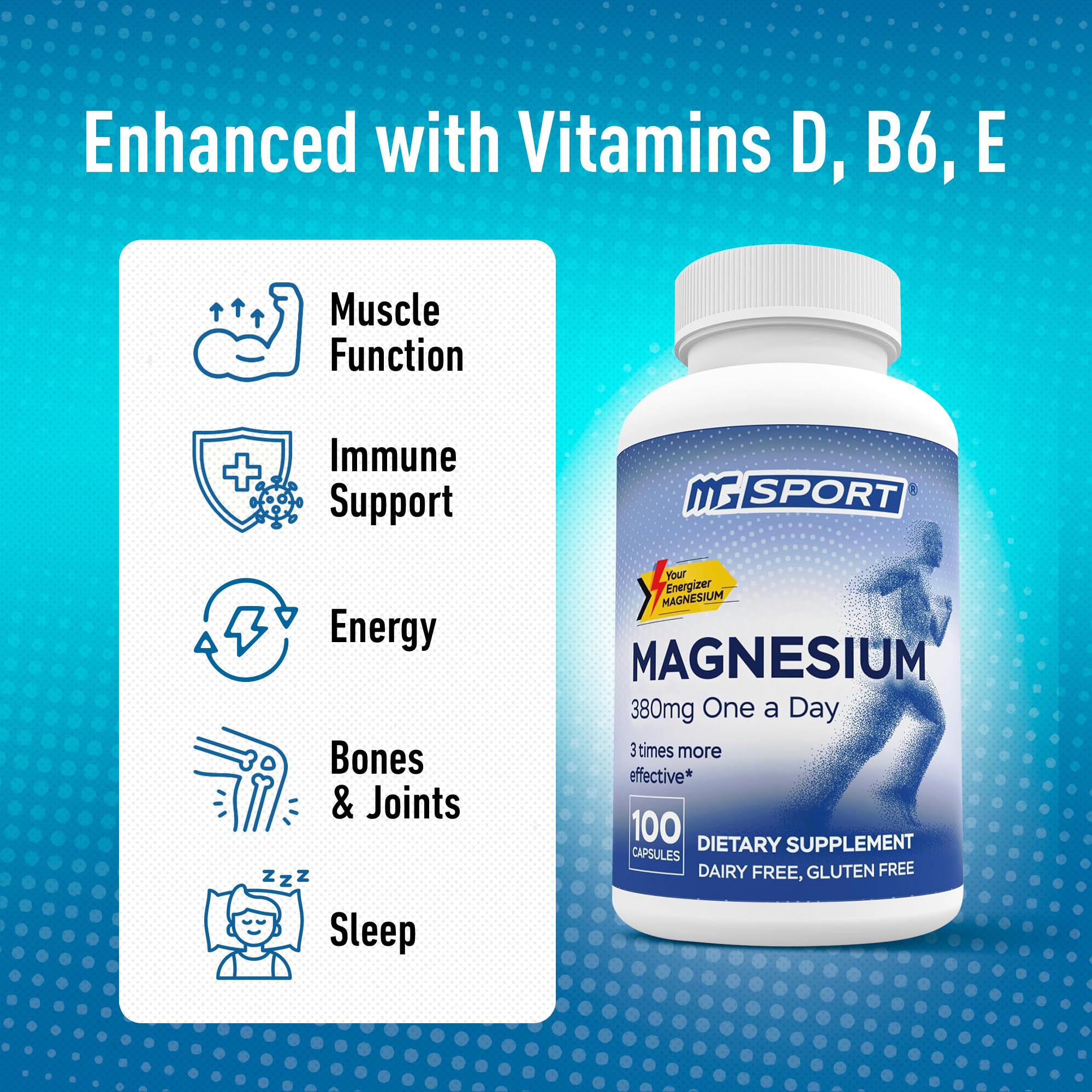 MGSPORT Magnesium Supplement 380mg - High Absorption Magnesium Complex Formula with Vitamins B6, D, E - Supports Muscle Function and Sleep Quality - 100 Servings MgSport Au supplements