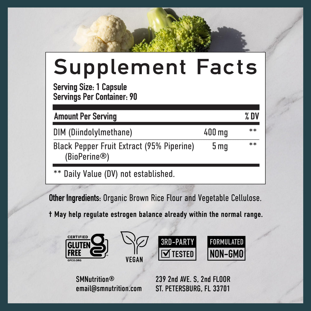 DIM Supplement 400MG Extra Strength | Hormone Balance for Men and Women | Menopause, Acne, Hot Flashes Relief, Prostate Support & Antioxidant Support | Soy-Free, Gluten-Free | SMNutrition | 90 Ct. SMNutrition Au supplements