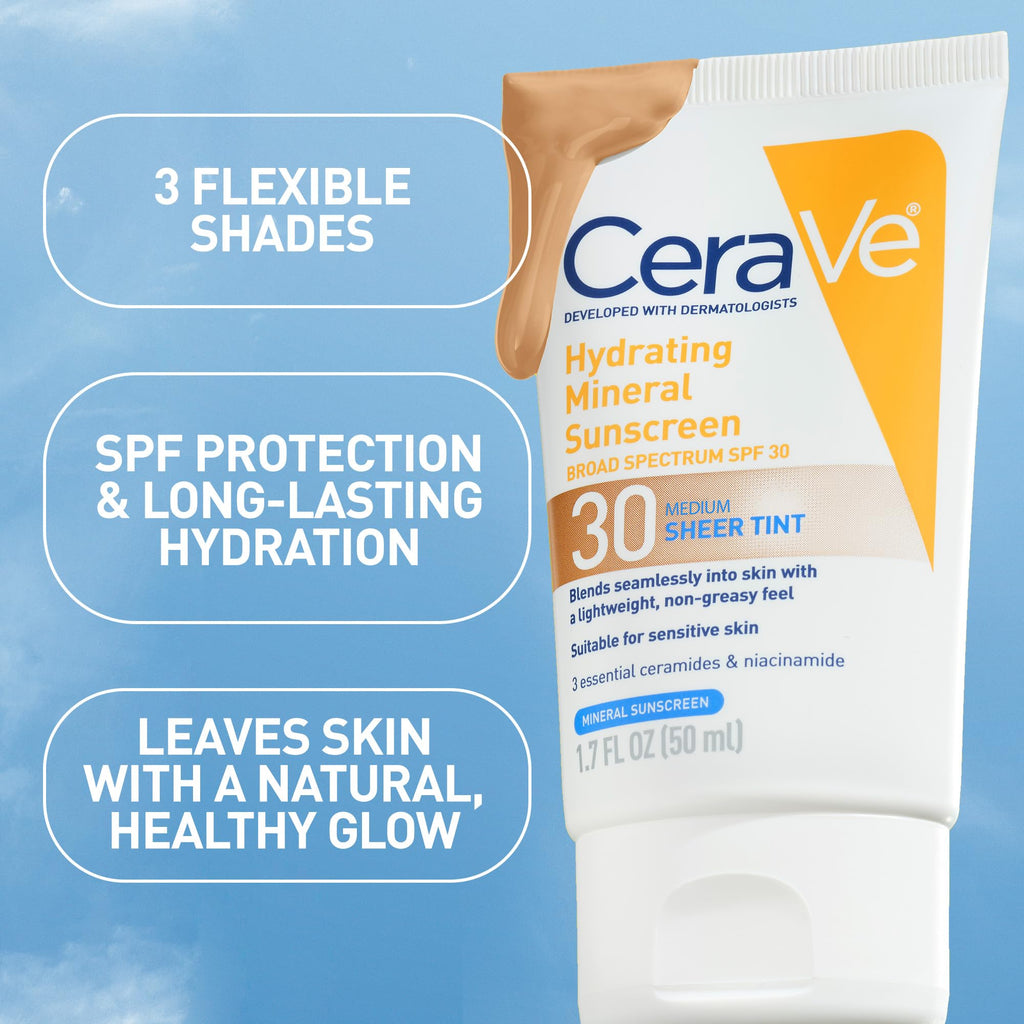 CeraVe Hydrating Mineral Sunscreen SPF 30 with Sheer Tint, Tinted Mineral Sunscreen with Zinc Oxide & Titanium Dioxide