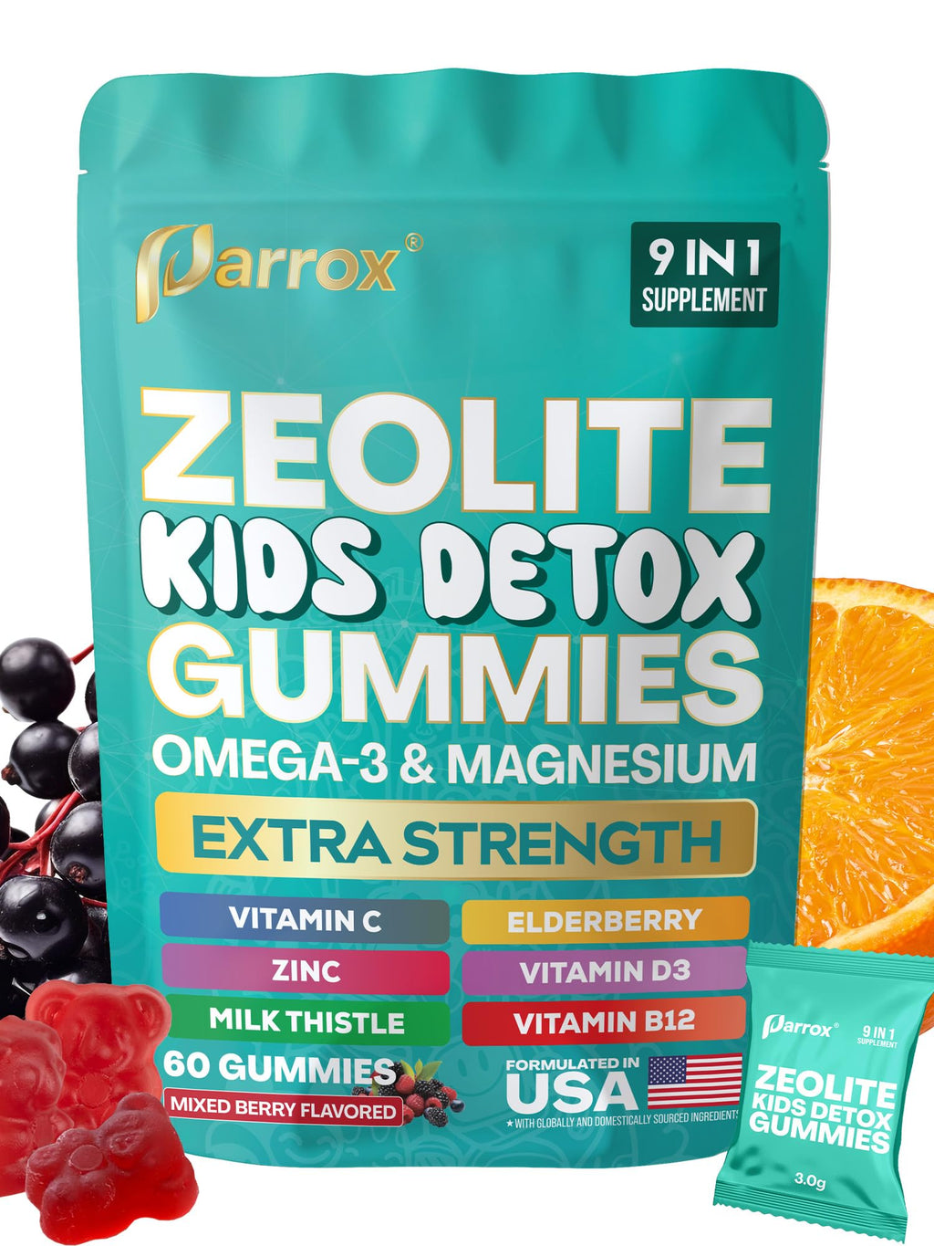 Parrox Zeolite Kids Gummies, 9-in-1 with Zeolite, Omega-3, Magnesium, Elderberry, Vitamin C, Milk Thistle, Vitamin D3, Zinc, B12 – Sugar-Free