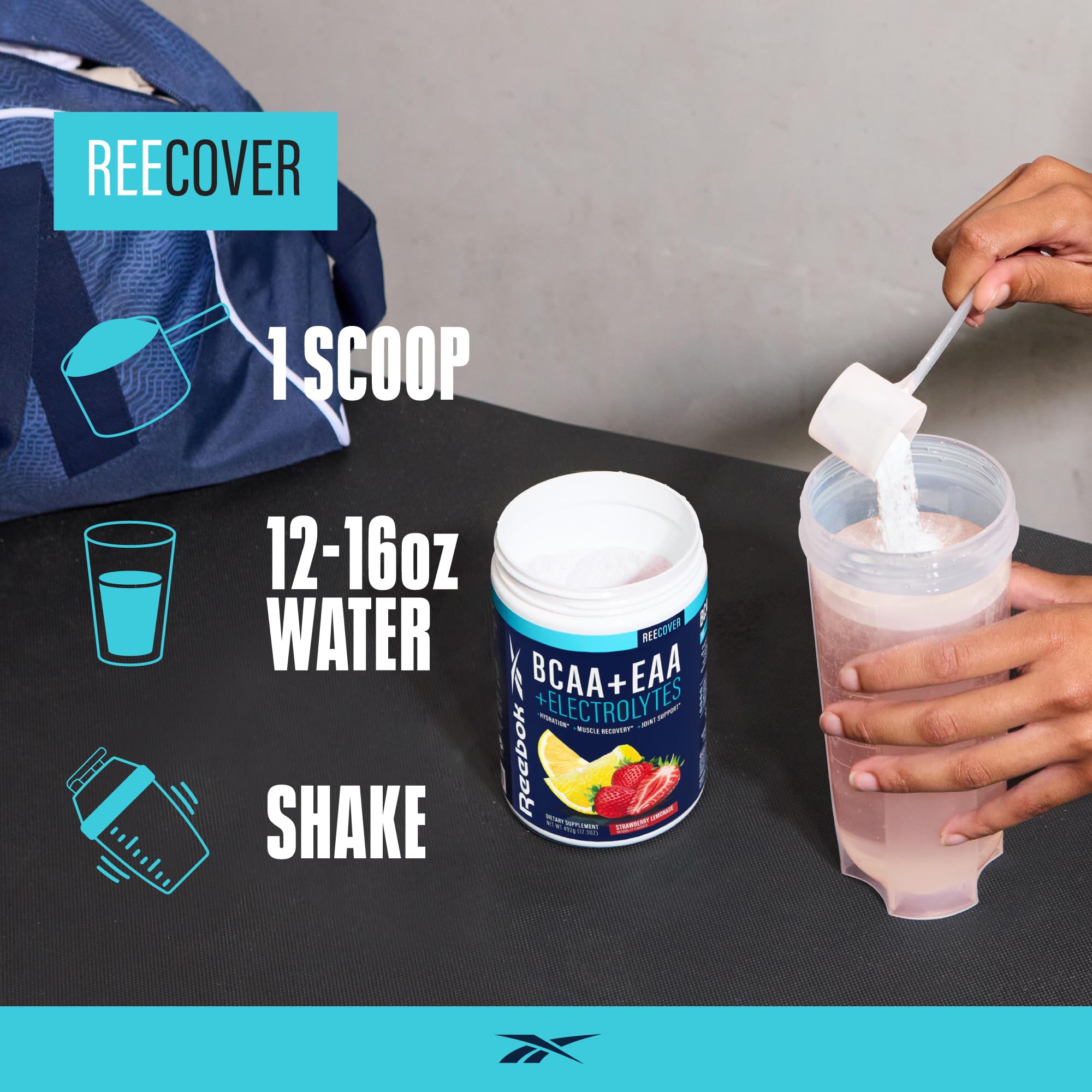 Reebok REEcover Amino Acids + Electrolytes | 8g EAAs, 5g BCAAs, Hydration Matrix | Muscle Recovery, Strength | Post-Workout Support