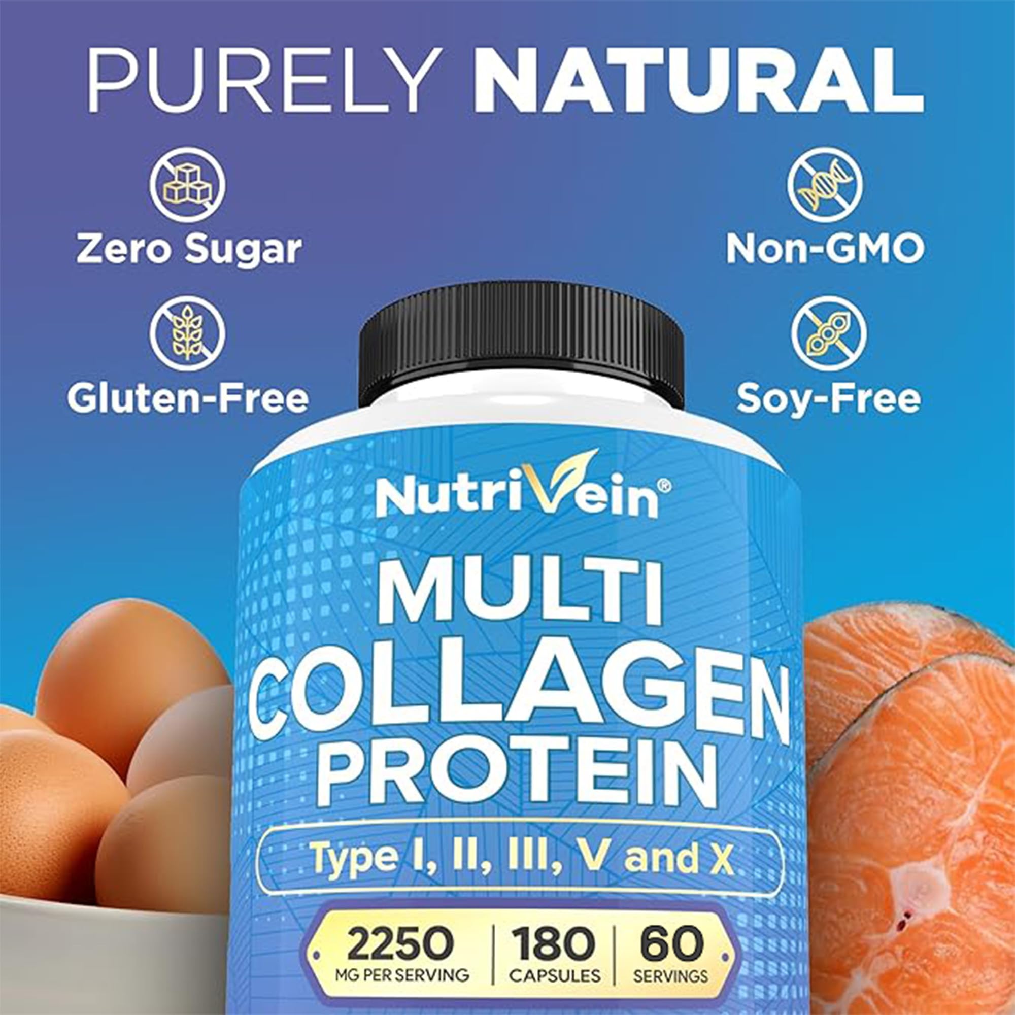 Nutrivein Premium Multi Collagen Pills 2250 mg - 180 Easy-to-Swallow Collagen Capsules: Type I, II, III, V, X Hydrolyzed Protein Peptides for Women and Men