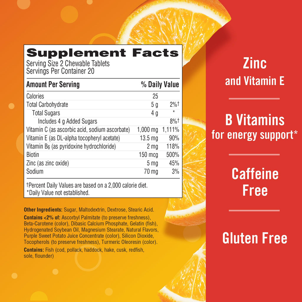 Emergen-C Chewable Vitamin C 1000mg, With B Vitamins And Antioxidants Tablet (40 Count, Orange Blast Flavor), Dietary Supplement