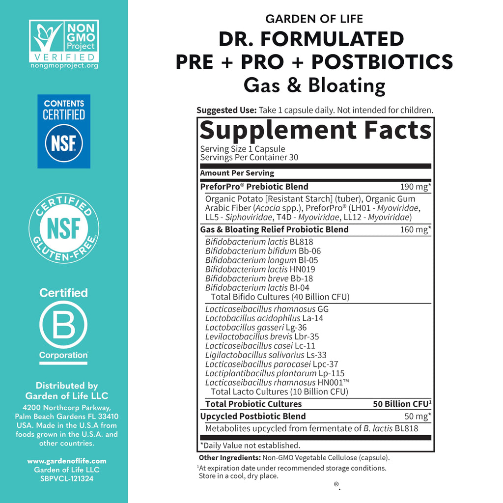 Garden of Life Dr. Formulated Pre, Post & Probiotics Gas & Bloating Once Daily 3-in-1 Complete Prebiotics, Postbiotics & Probiotics – 50 Billion CFU