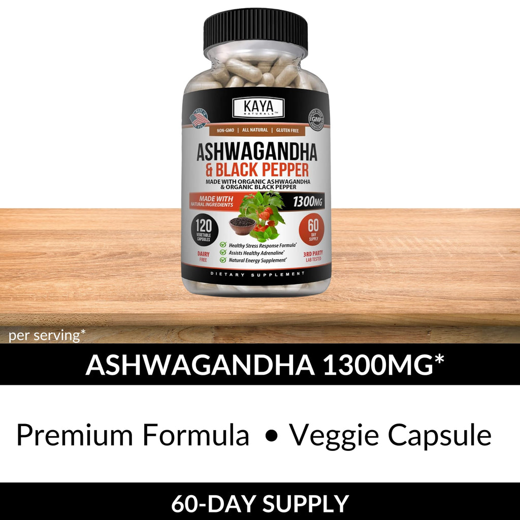 Kaya Naturals Ashwagandha 1300mg, 120 Count Capsules for Stress Relief, Adrenal, Mood & Thyroid Support, Black Pepper and 100% Pure Ashwagandha -120 Capsules Kaya Naturals Au supplements