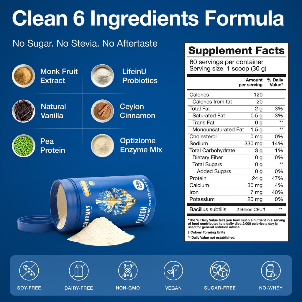 BIRDMAN Falcon Organic Vegan Protein Powder Vanilla, 24g Protein, Sugar Free, Probiotics, Low Carb, Keto Friendly, Dairy Free, Lactose Free, Non Whey