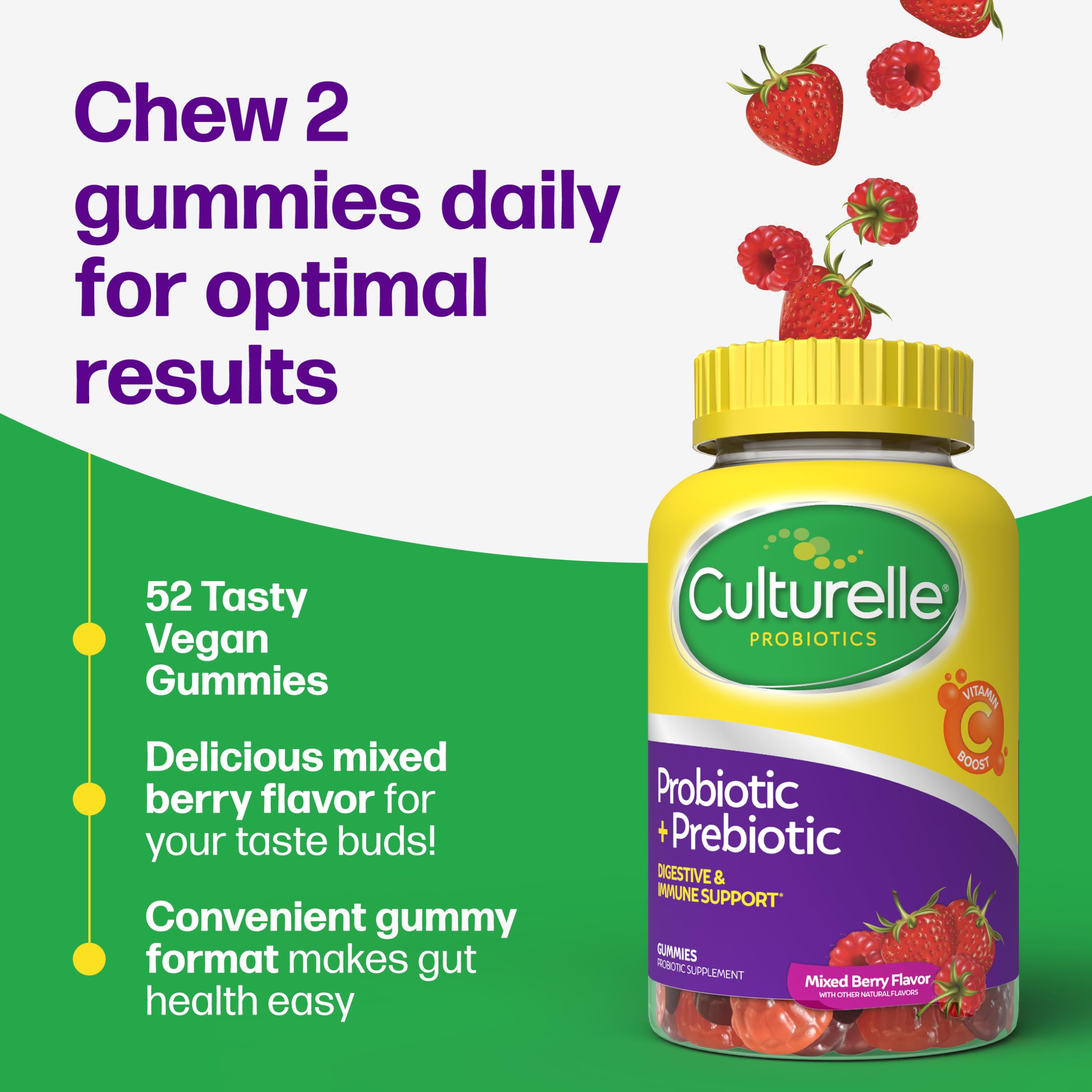 Culturelle Daily Probiotic Gummies for Women & Men, Berry Flavor, 52 Count, Naturally-Sourced Daily Probiotic