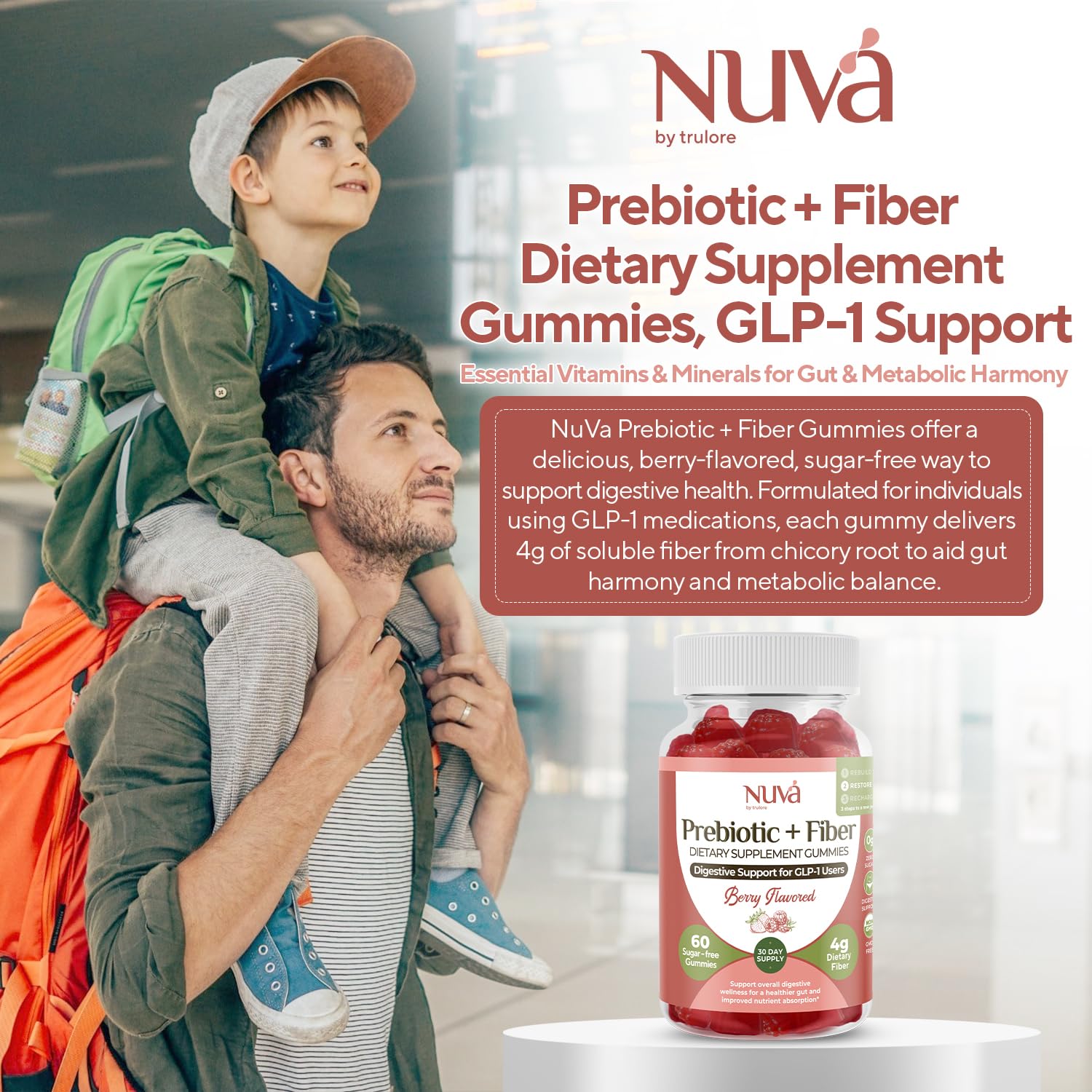 NuVa by Trulore Prebiotic + Fiber Gummies |  User Nutritional Support | Sugar Free Fiber Gummies for Adults | Berry Flavor | Non-GMO Digestive Balance for Men & Women | 60 Gummies - 30 day Supply