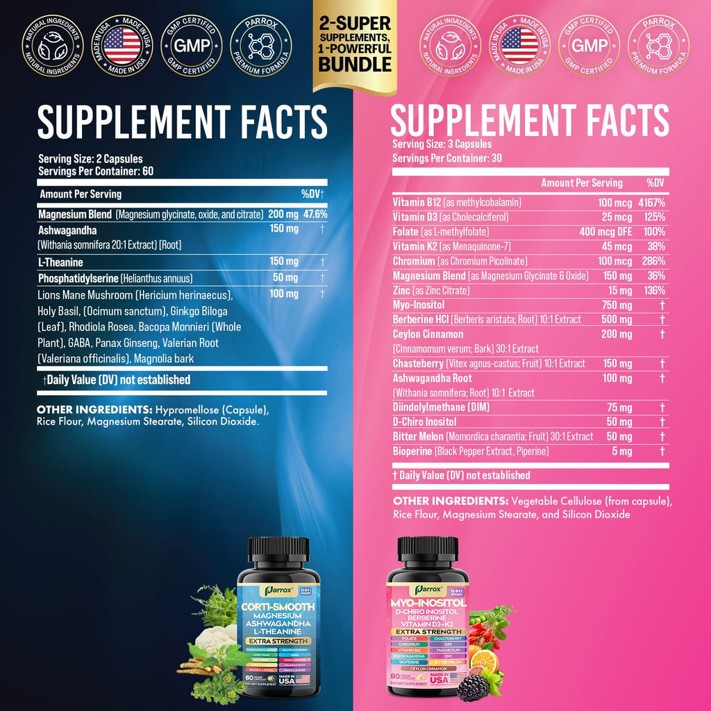 Parrox Cortisol & Myo-Inositol Supplement Bundle, Soothe & Smooth Bundle, 13-in-1 Cortisol Balance, Magnesium, Ashwagandha, L-Theanine, D-Chiro Inositol, Folate, Berberine, Chasteberry (150 Capsules) Parrox Au supplements