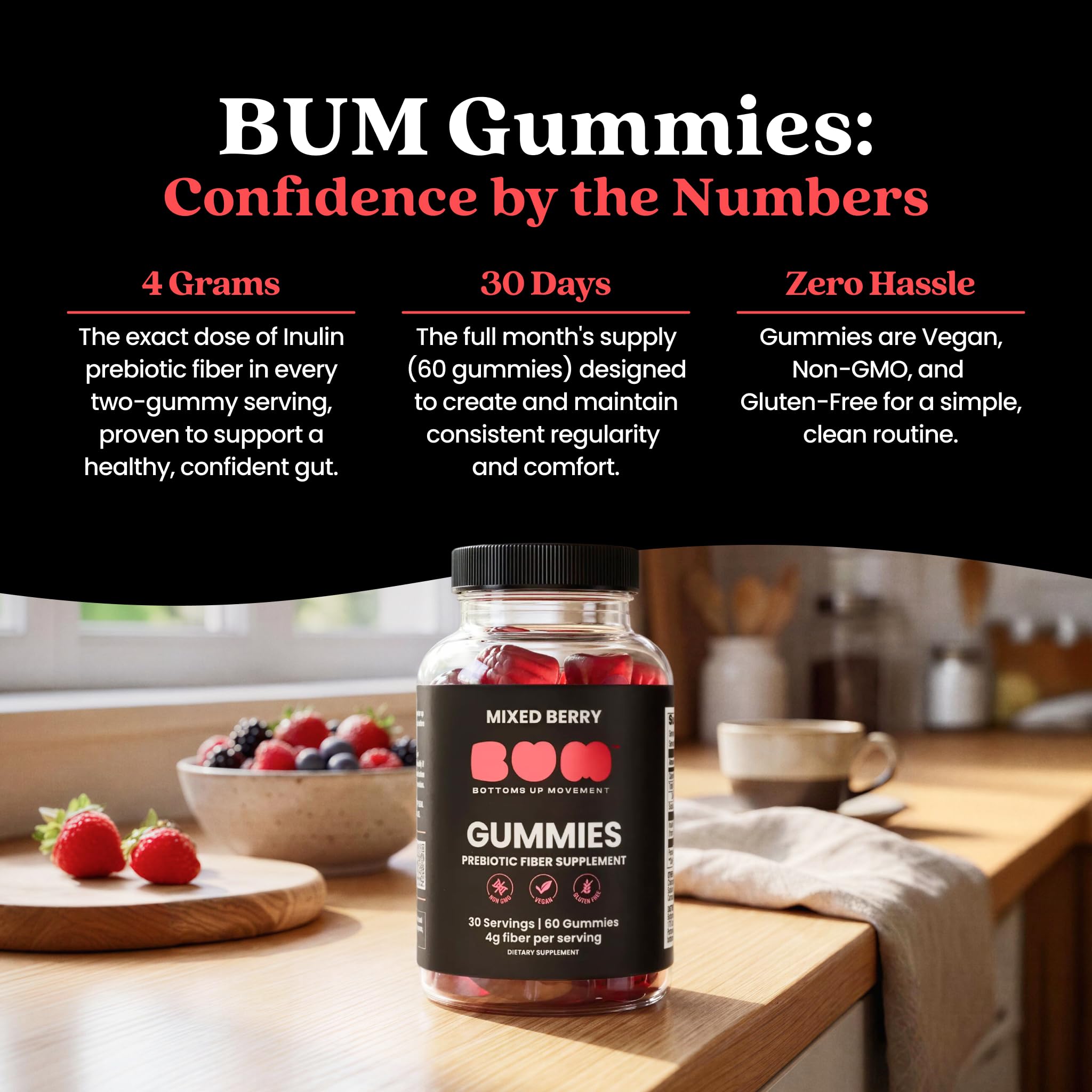 Bum Prebiotic Fiber Supplement for Men - Chicory Root Inulin Prebiotic Fiber Gummies for Men for Peachy Digestive Health, Regularity & Boating Relief