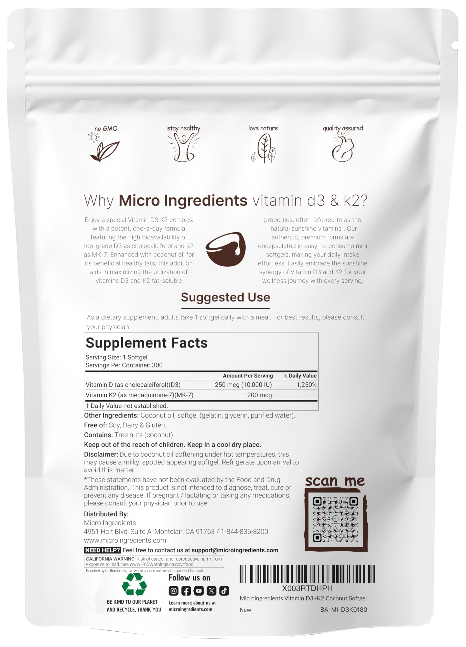 Micro Ingredients Vitamin D3 10,000 IU + K2 MK-7 200 mcg, 300 Softgels with Virgin Coconut Oil | 2-in-1 Vitamins D & K Complex