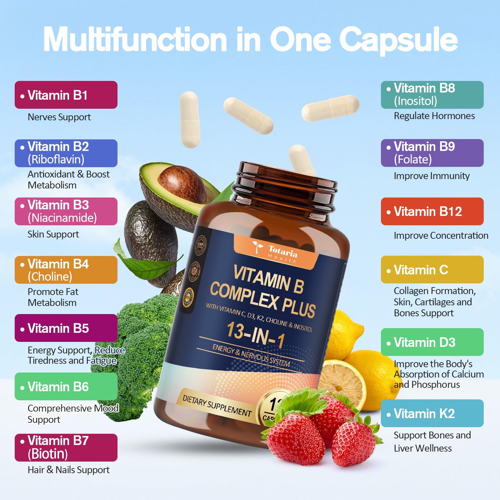 13-in-1 Vitamin B Complex Plus with Vitamin B1, B2, B3 (Niacinamide), B4, B5, B6, B7 (Biotin), B8 (Inositol), B9 (Folate), B12, C, D3, K2 - Energy, Nerve,