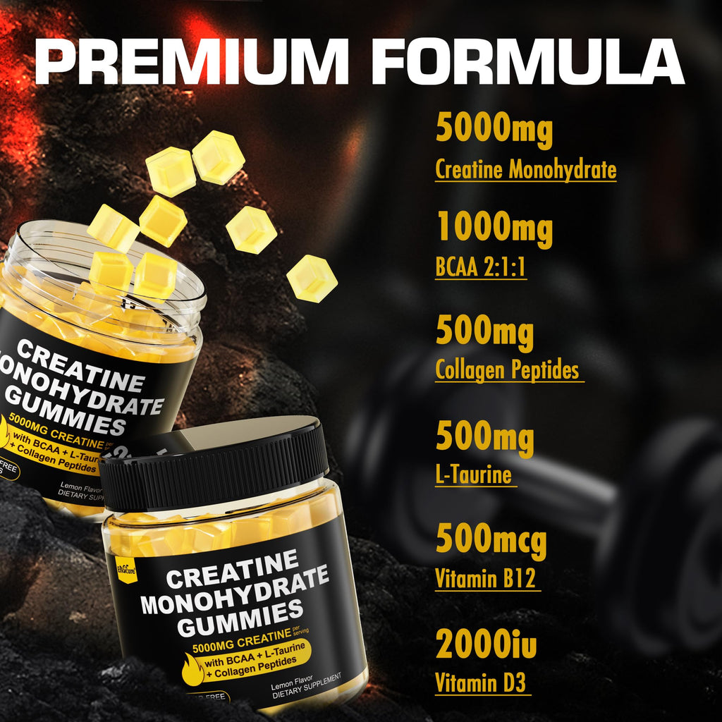 Creatine Monohydrate Gummies for Men & Women - with BCAA, Collagen Peptides, L-Taurine, Vitamin B12, D3, Chewables Creatine Monohydrate 5g Per Serving, Natural Lemon Flavor, Sugar Free, 2 Pack EnvyCure Au supplements