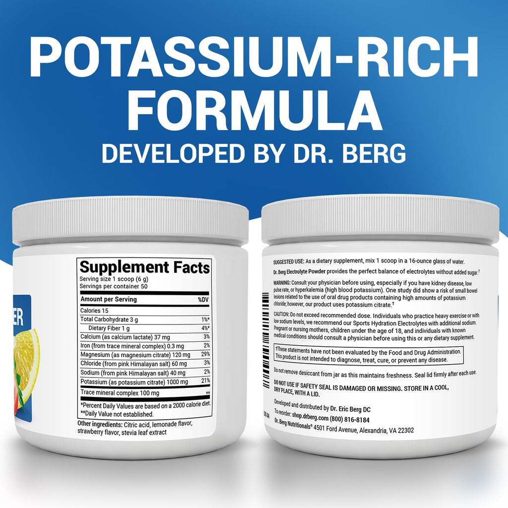 Dr. Berg Zero Sugar Hydration Keto Electrolyte Powder - Enhanced w/ 1000 mg of Potassium & Real Pink Himalayan Salt (NOT Table Salt) - Strawberry Lemonade Hydration Drink Supplement - 50 Servings
