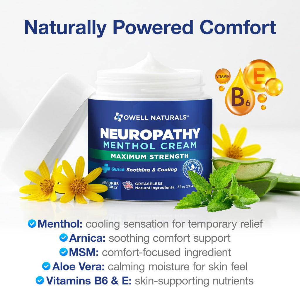 Owell Naturals Neuropathy Cream Extra Strength – Fast Absorbing Cooling for Leg, Feet & Hands – Advanced Soothing Formula with Aloe Vera, Arnica, MSM & Vitamin B6 – Made in USA, 2 fl oz Owell Naturals Au supplements