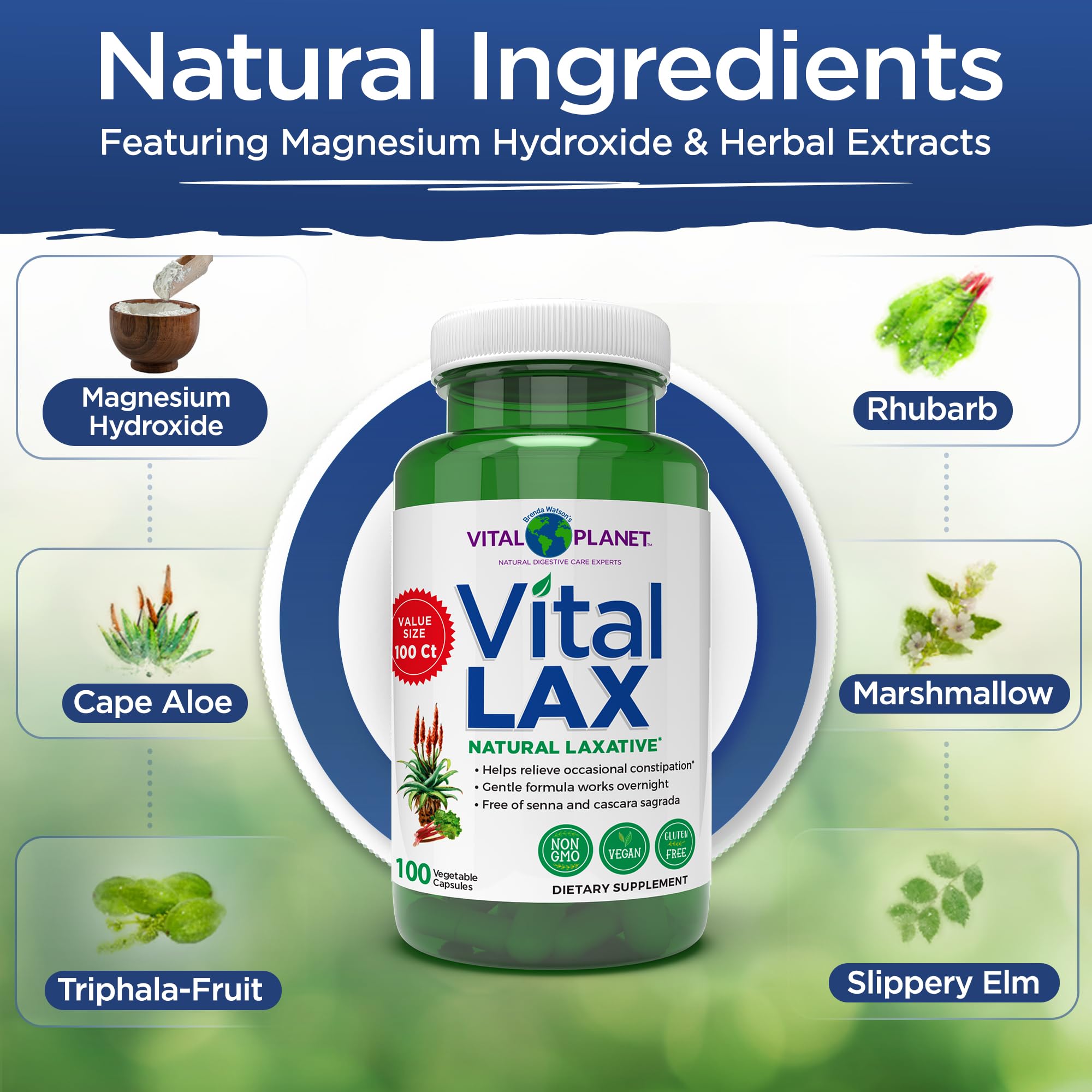 Vital Planet - Vital Lax Natural Laxative Cleanse Supplement for Occasional Constipation, with Magnesium Hydroxide, Slippery Elm, Aloe,