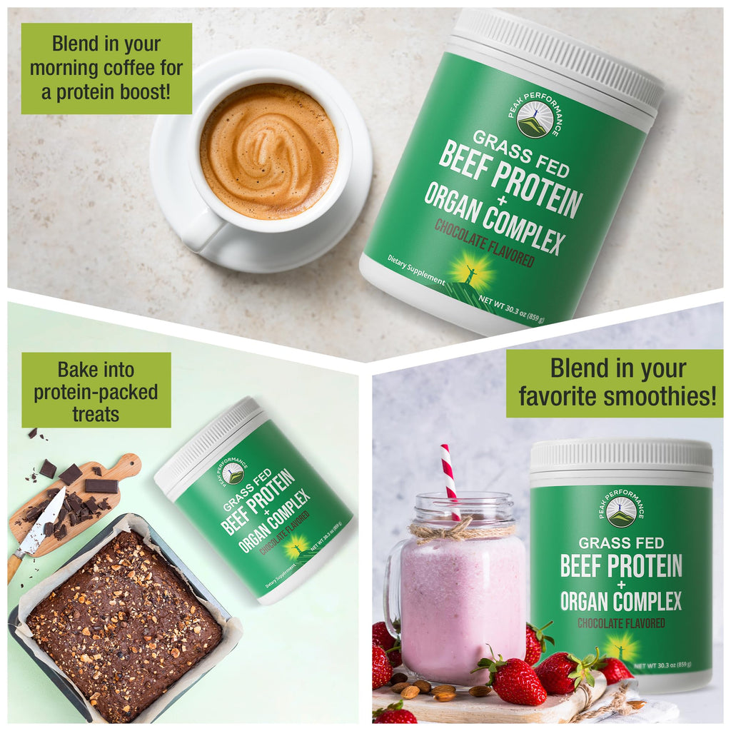 Grass Fed Beef Protein Powder + Organ Complex. Lactose Free Great Tasting Beef Protein Isolate. Animal Based Non Dairy No Whey Paleo Carnivore Supplement for Muscle Building. Chocolate Flavor Peak Performance Au supplements