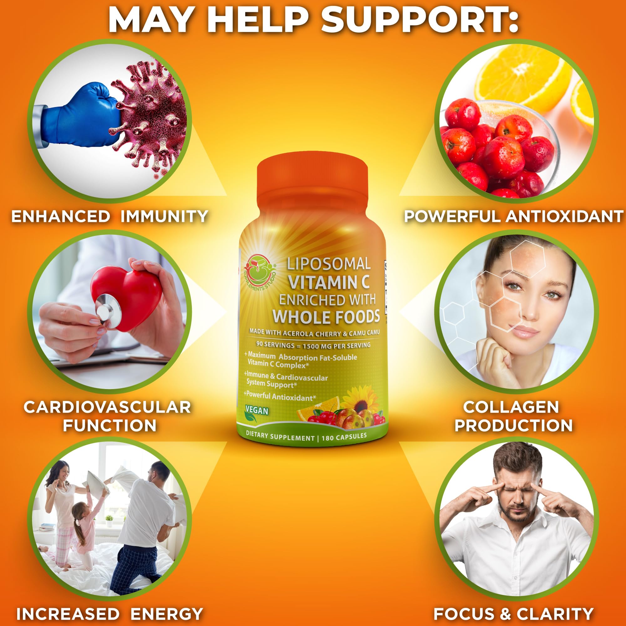 Liposomal Vitamin C Capsules - 1500mg - Made with Organic Acerola Cherries & Camu Camu, High Potency Vitamin C Liposomal - Immune Support Supplement