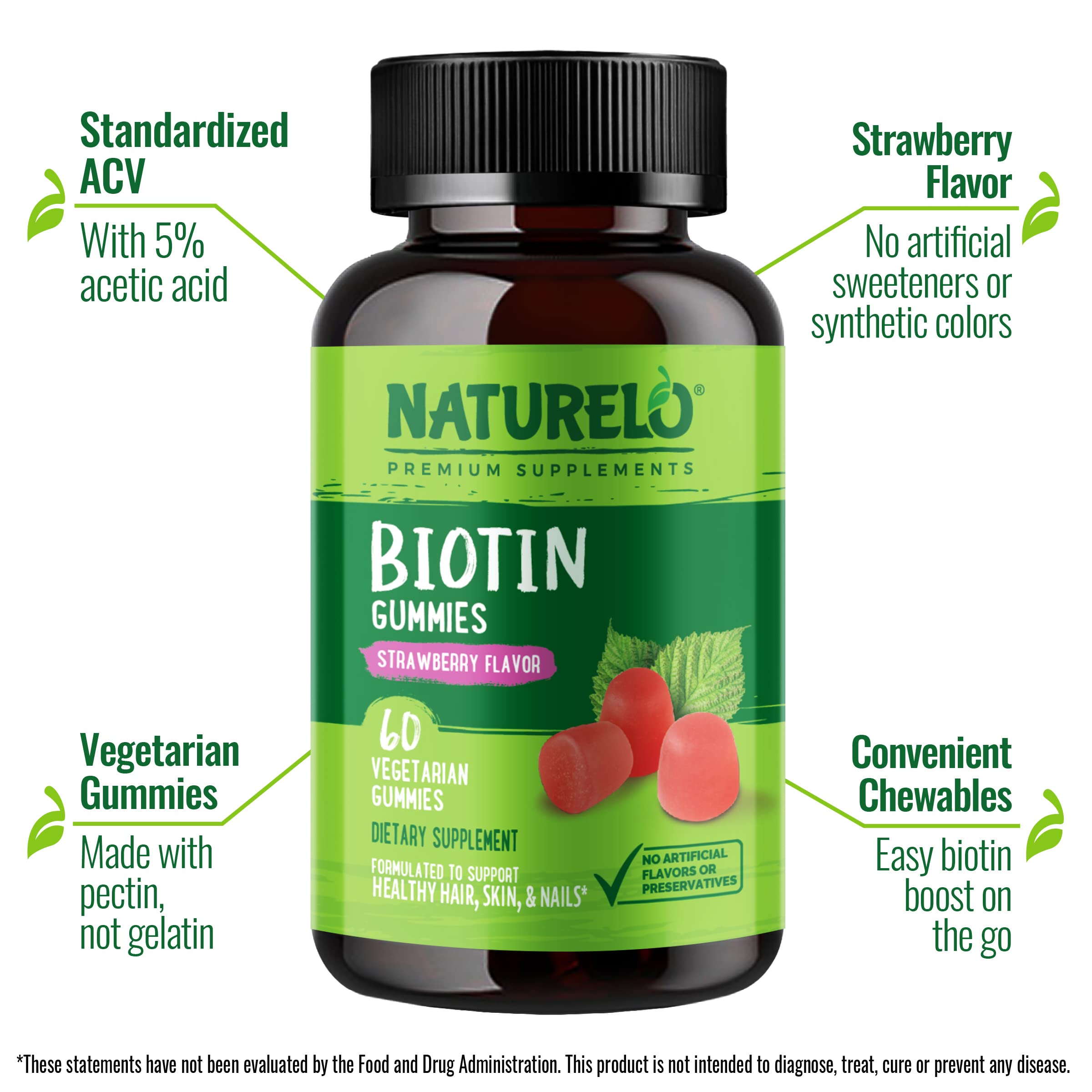 NATURELO Biotin Gummies - Supports Healthy Hair, Skin & Nails - High Potency 2500 mcg - Non GMO, Gluten Free - 60 Gummies