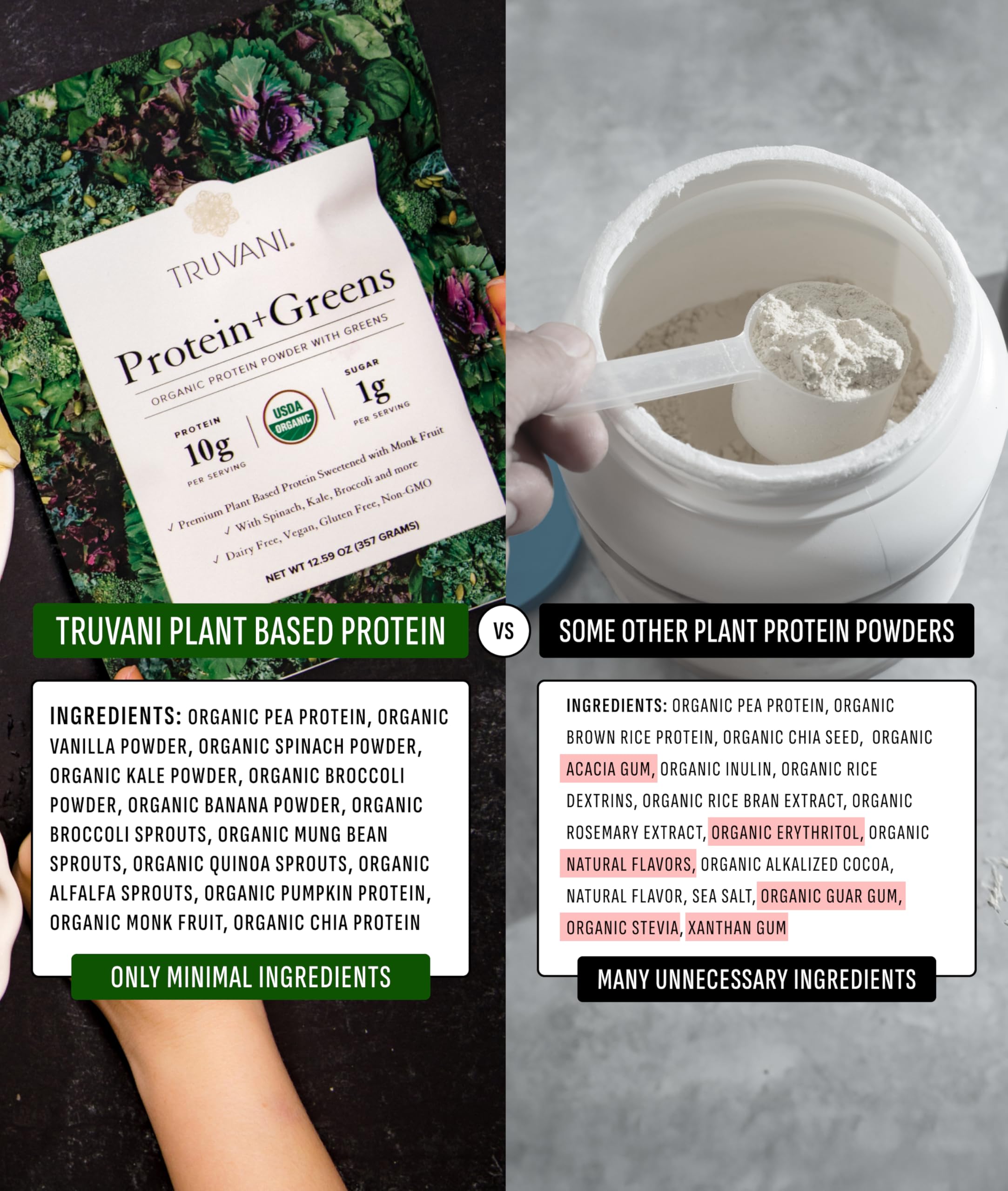 Truvani Protein + Greens Supplement | Spinach, Kale & Broccoli | 10g Organic Plant Based Protein | 20 Servings | USDA Organic | Gluten & Dairy Free