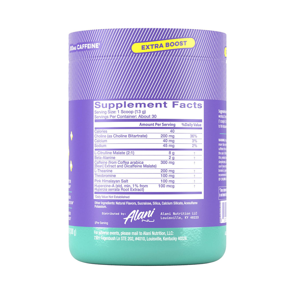 Alani Nu Pre Workout+ Powder Frozen Lemonade, Extra Boost, Sugar Free, 300mg Caffeine, L-Theanine, Beta-Alanine, Citrulline, 30 Servings