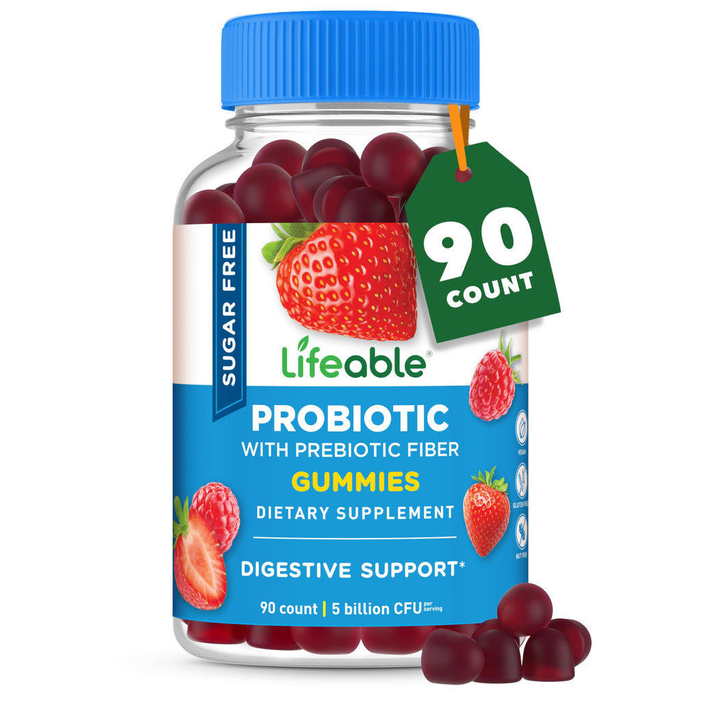Lifeable Sugar Free Probiotics with Prebiotics Fiber – Great Tasting Natural Flavor Gummy Supplement – Keto Friendly Chewable – for Gut Health and Immune Support