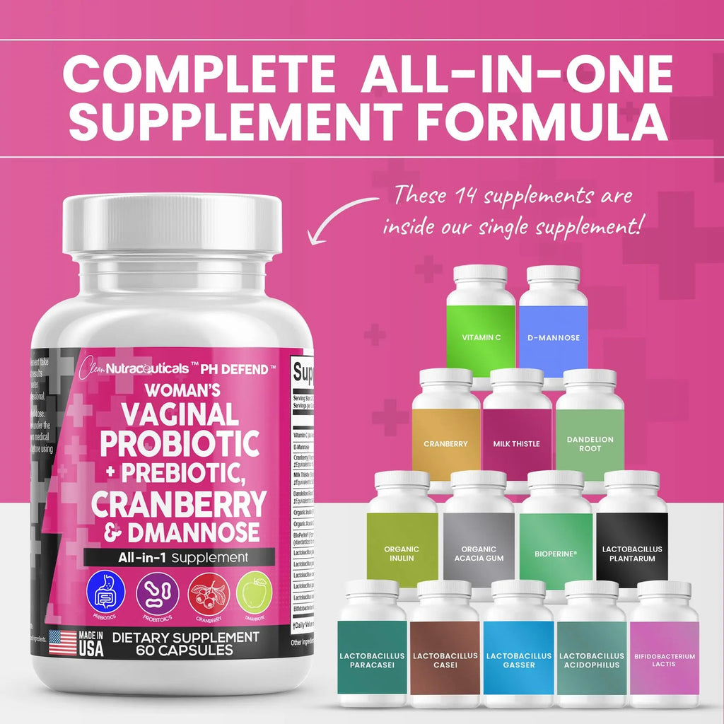 Vaginal Probiotics For Women + Prebiotics 20 Billion Cranberry Pills 30,000mg w/ D-Manno Clean Nutraceuticals Au supplements