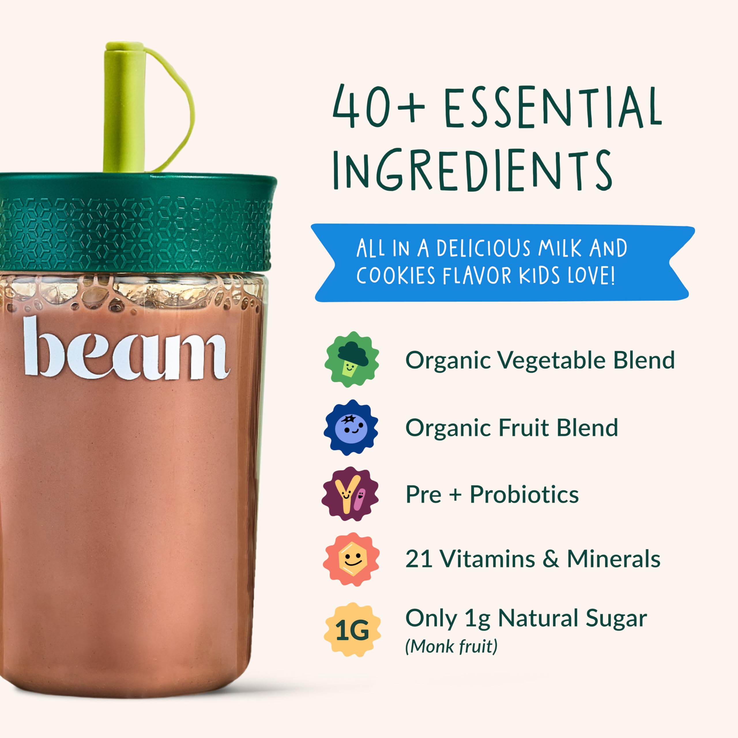 Beam Kids Multivitamin Powder – Kids Vitamins with Greens, Probiotic & Prebiotic, Immune Support for Children & Toddlers, No Artificial Sweeteners, For Picky Eaters,