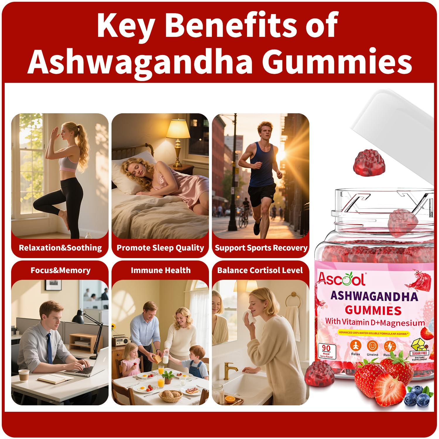 Ascool Ashwagandha Gummies for Stress Relief & Clam with Magnesium + Vitamin D – 90 Count Sugar-Free, Vegan Ashwa Supplements