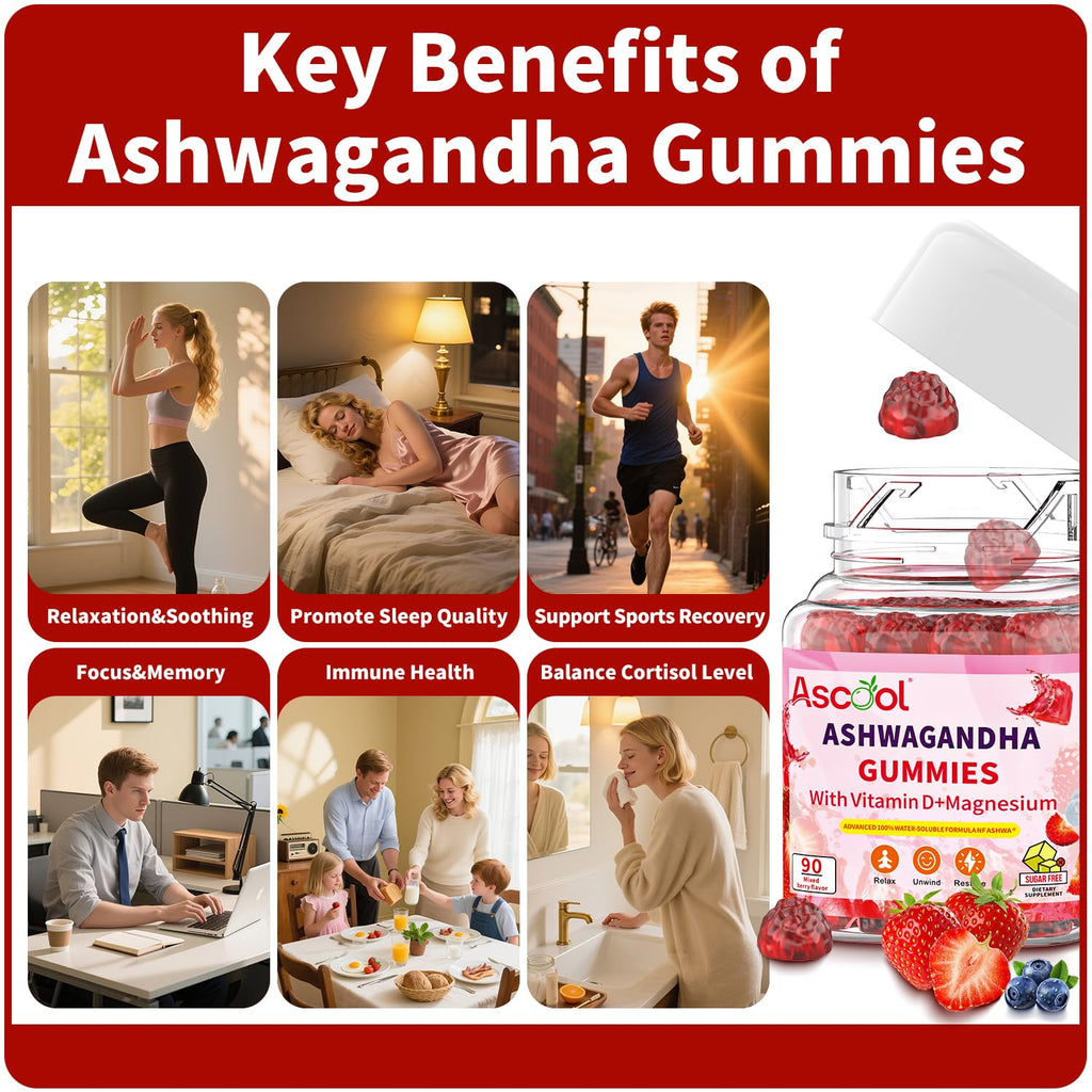 Ascool Ashwagandha Gummies for Stress Support & Relaxation with Magnesium + Vitamin D – 90 Count Sugar-Free, Vegan Ashwa Supplements Ascool Au supplements