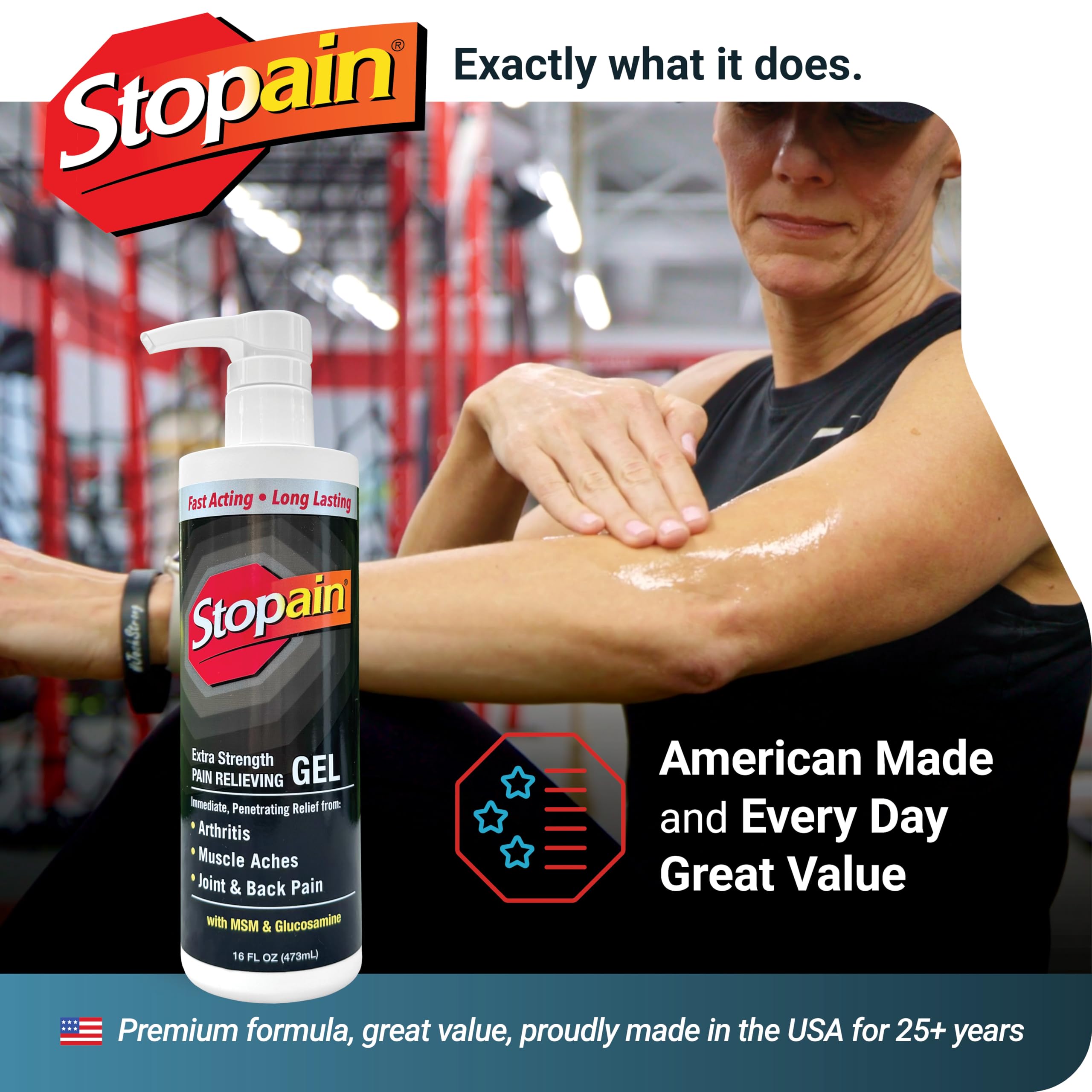Stopain Pain Relief Gel 16oz, USA Made, Max Strength Fast Acting with Menthol, MSM, Glucosamine for Joint Pain, Back Pain, Arthritis, Knee, Neck Pain, HSA FSA Approved OTC Topical Analgesic Product Stopain Au supplements