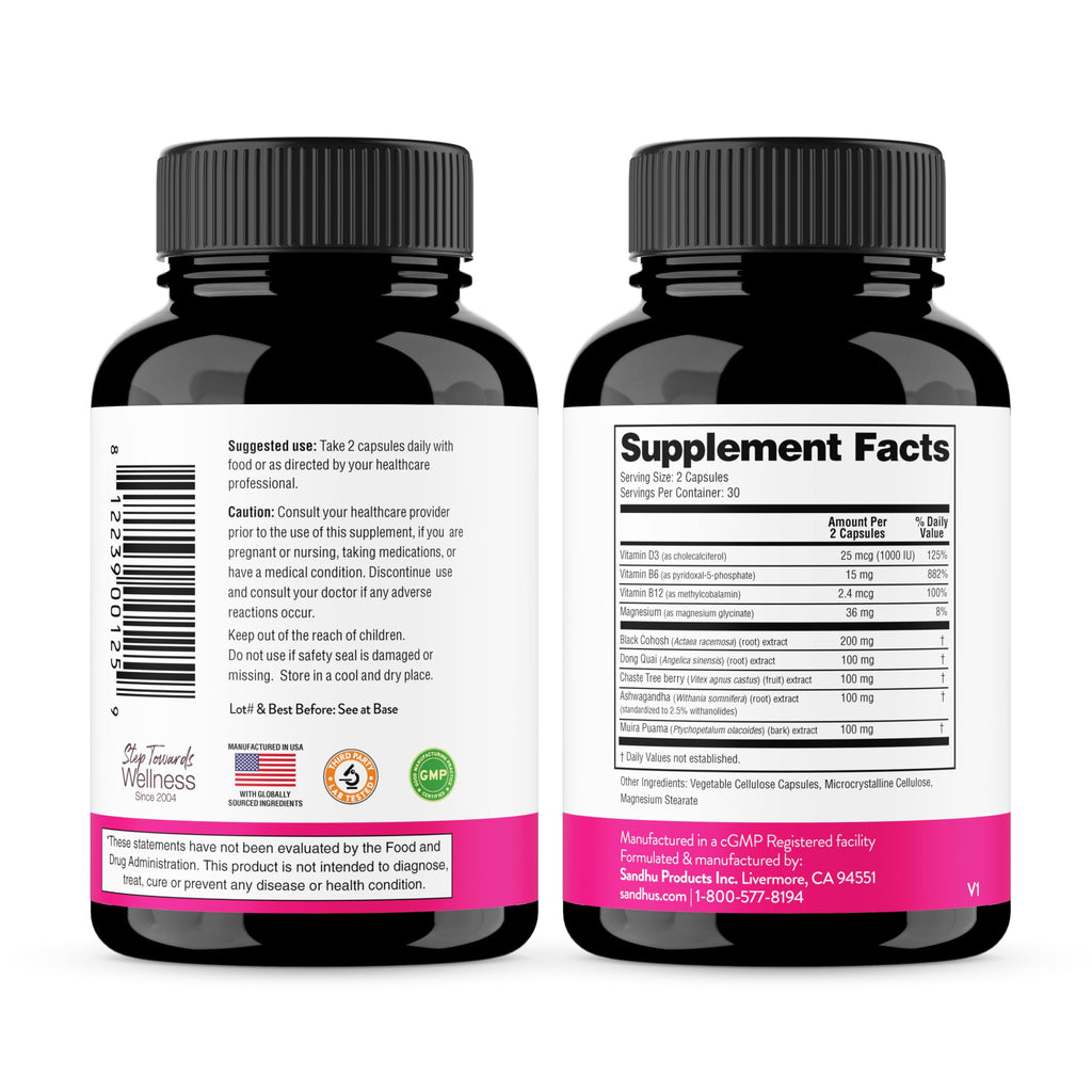 Complete Menopause Support Supplement For Women | With Ashwagandha, Black Cohosh, Dong Quai & Muira Puama | Helps Easing Hot Flashes, Night Sweats, Mood Swings, Hormone Balance & Harmony | 60 Capsules Sandhu's Au supplements