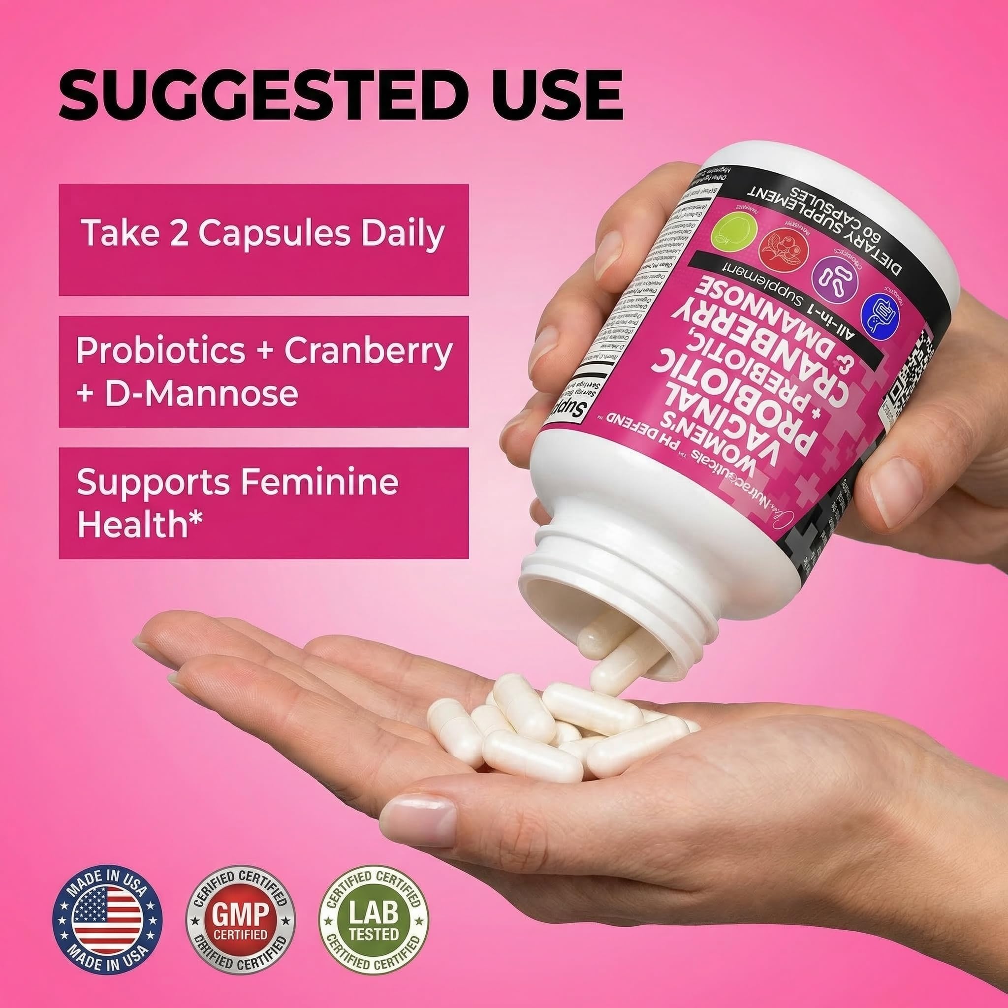 Clean Nutraceuticals Vaginal Probiotics for Women with Cranberry, D-Mannose, Prebiotics, pH Balance Support, Feminine Health, Urinary Tract Cleanse