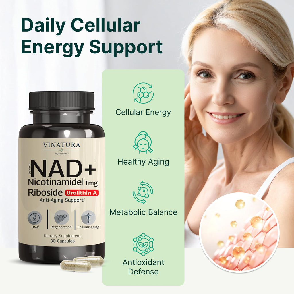 VINATURA NAD Supplement, Nicotinamide Riboside with Resveratrol - Advanced NAD+ Supplement with TMG and Urolithin A, for Women and Men - 30 Vegan Capsules VINATURA Au supplements