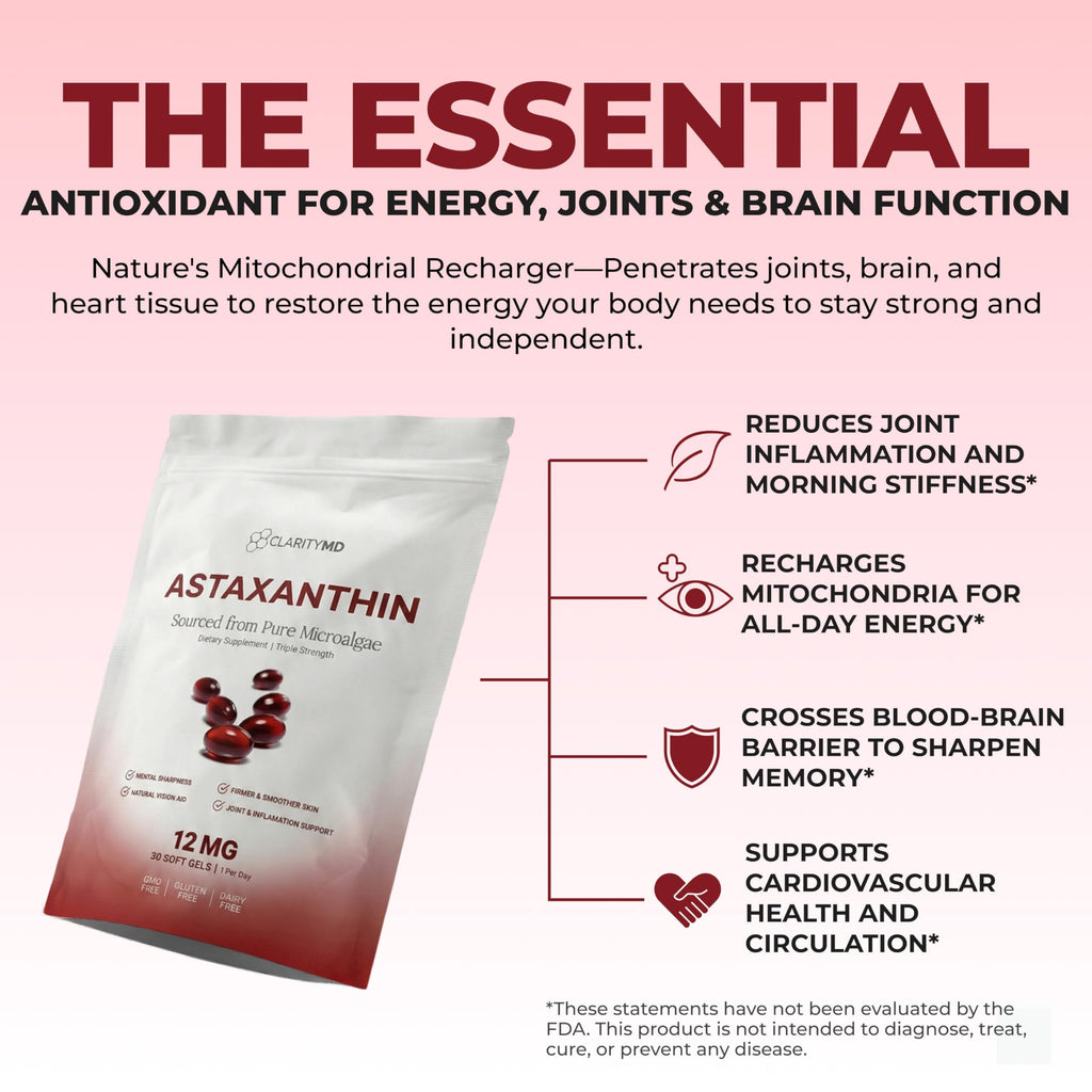 ClarityMD Astaxanthin 12mg Antioxidants Supplement – Natural Microalgae Source – Lipid-Based Softgel for Enhanced Absorption – Cognitive