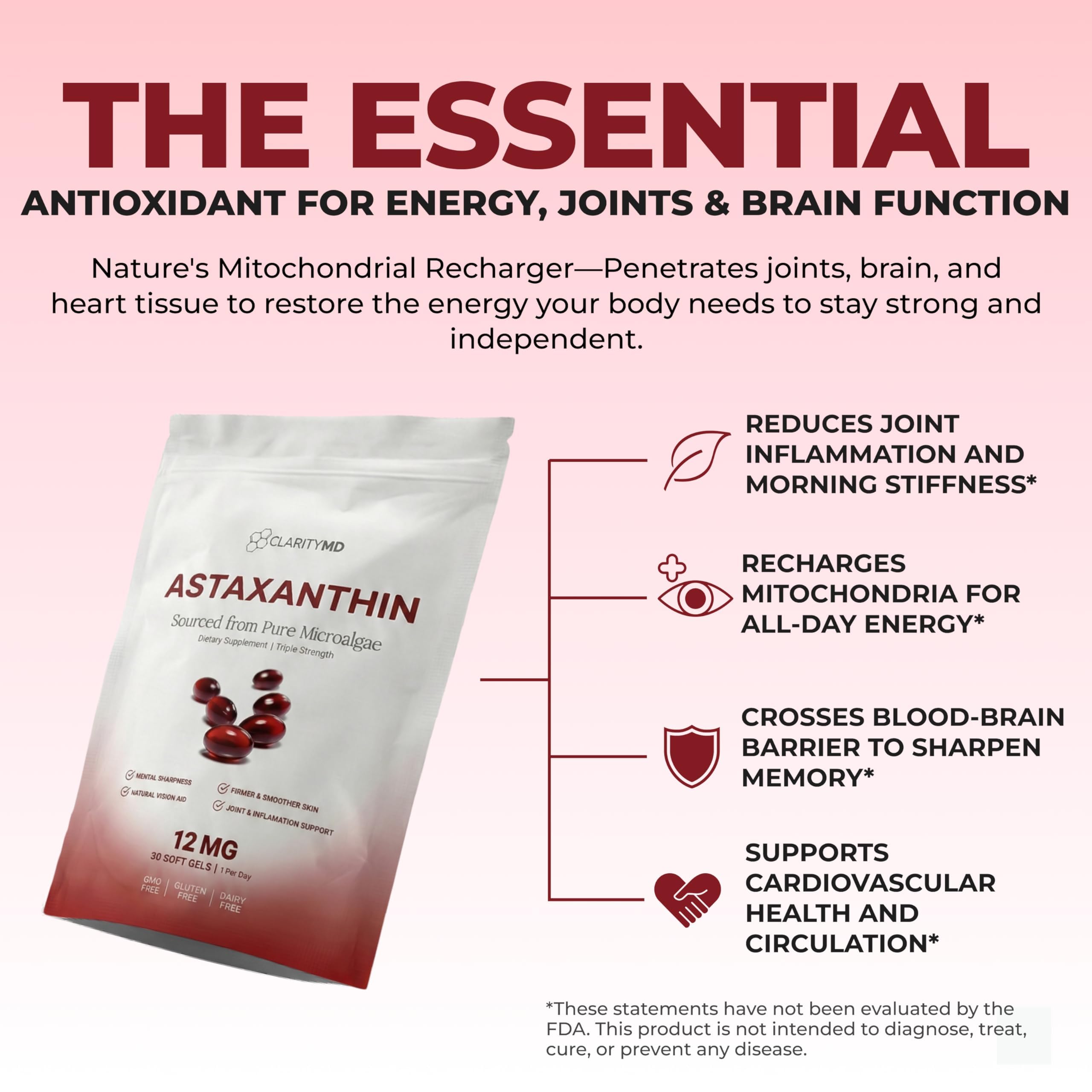 ClarityMD Astaxanthin 12mg Antioxidants Supplement – Natural Microalgae Source – Lipid-Based Softgel for Enhanced Absorption – Cognitive