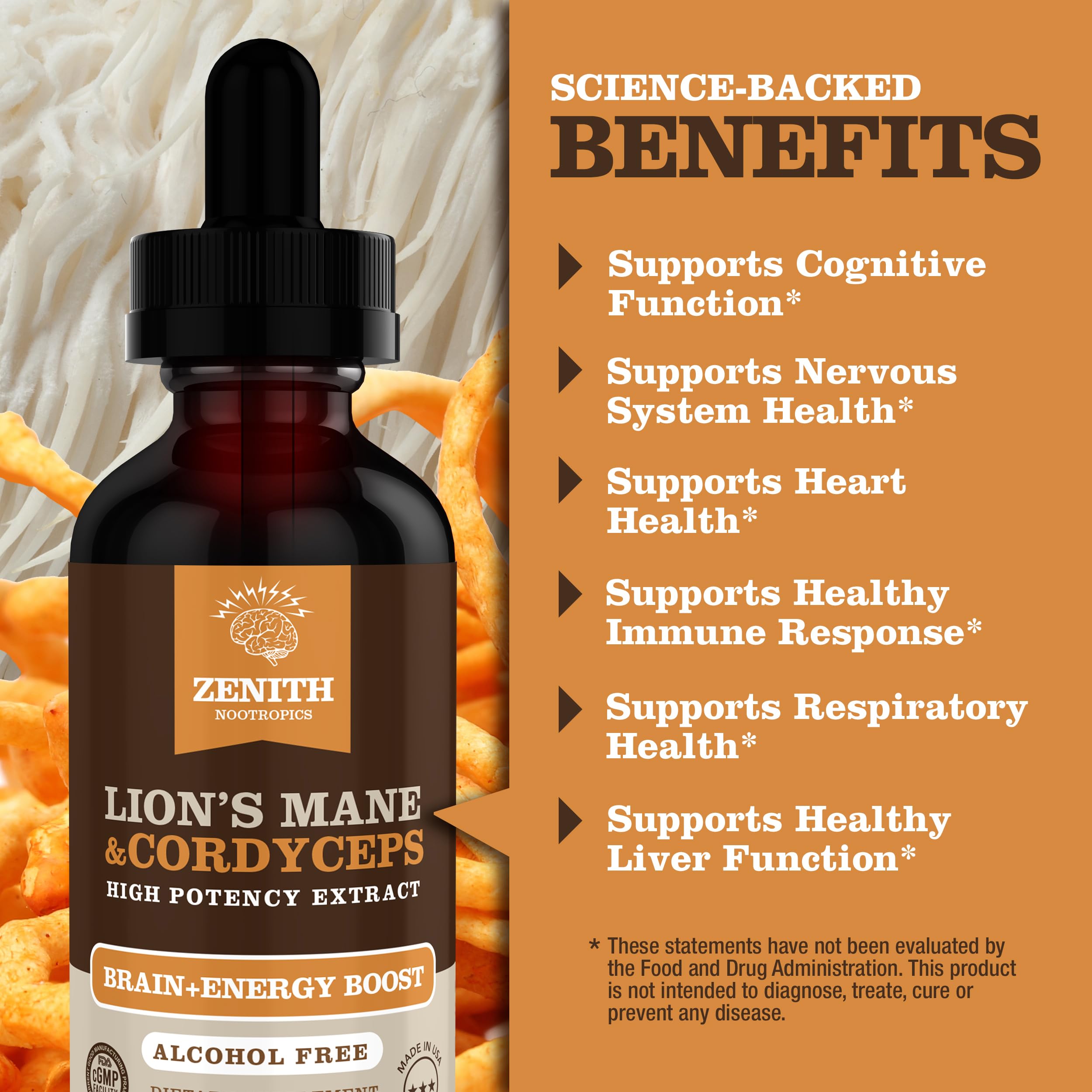 Zenith Nootropics Lion’s Mane & Cordyceps Supplement – Brain & Energy Support – Focus, Memory, Clarity, Immunity – Vegan, Alcohol-Free Tincture – Up-to 2-Month Supply, 2 fl oz Zenith Nootropics Au supplements