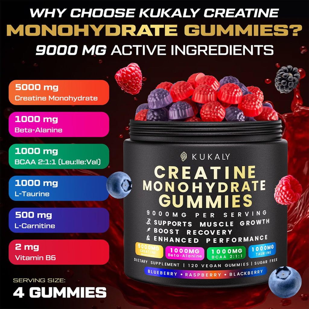 KUKALY Creatine Monohydrate Gummies for Men & Women, 9000MG Creatine Gummies Sugar Free - Mixed Flavored with L-Taurine, BCAA 2:1, B12 B6 for Boost Strength