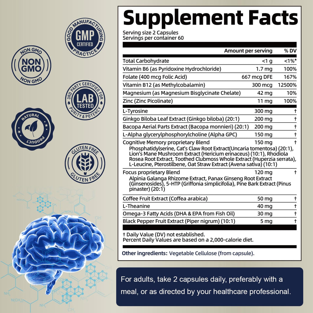 25 in 1 Brain Supplements for Memory and Focus & Neuro Health - Daily Brain Nootropic Cognitive Supplement with L-Tyrosine, Bacopa Monnieri, Ginkgo Biloba, Alpha GPC - Non-GMO, Gluten Free Totaria Au supplements