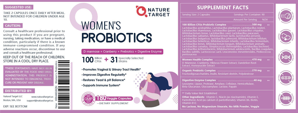 NATURE TARGET Probiotics for Women, 100 Billion CFUs Probiotic with Digestive Enzymes & Prebiotics, Vaginal Probiotics with Cranberry for Urinary Tract Health,