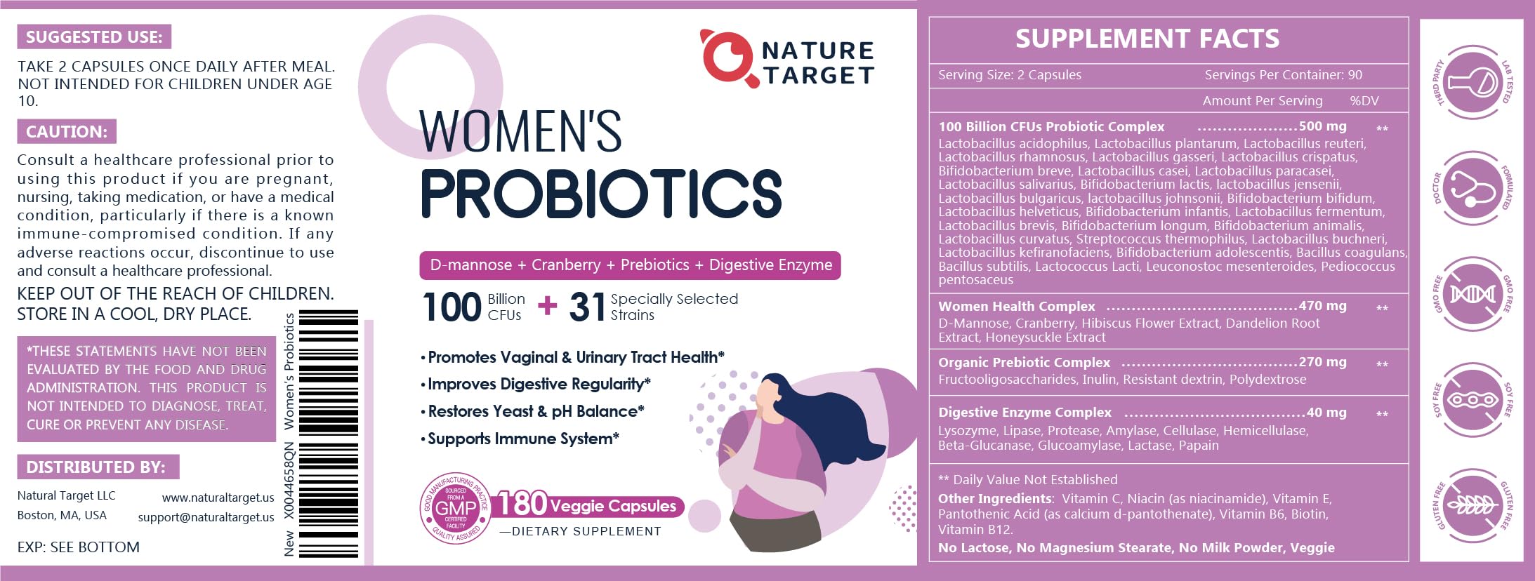 NATURE TARGET Probiotics for Women, 100 Billion CFUs Probiotic with Digestive Enzymes & Prebiotics, Vaginal Probiotics with Cranberry for Urinary Tract Health,