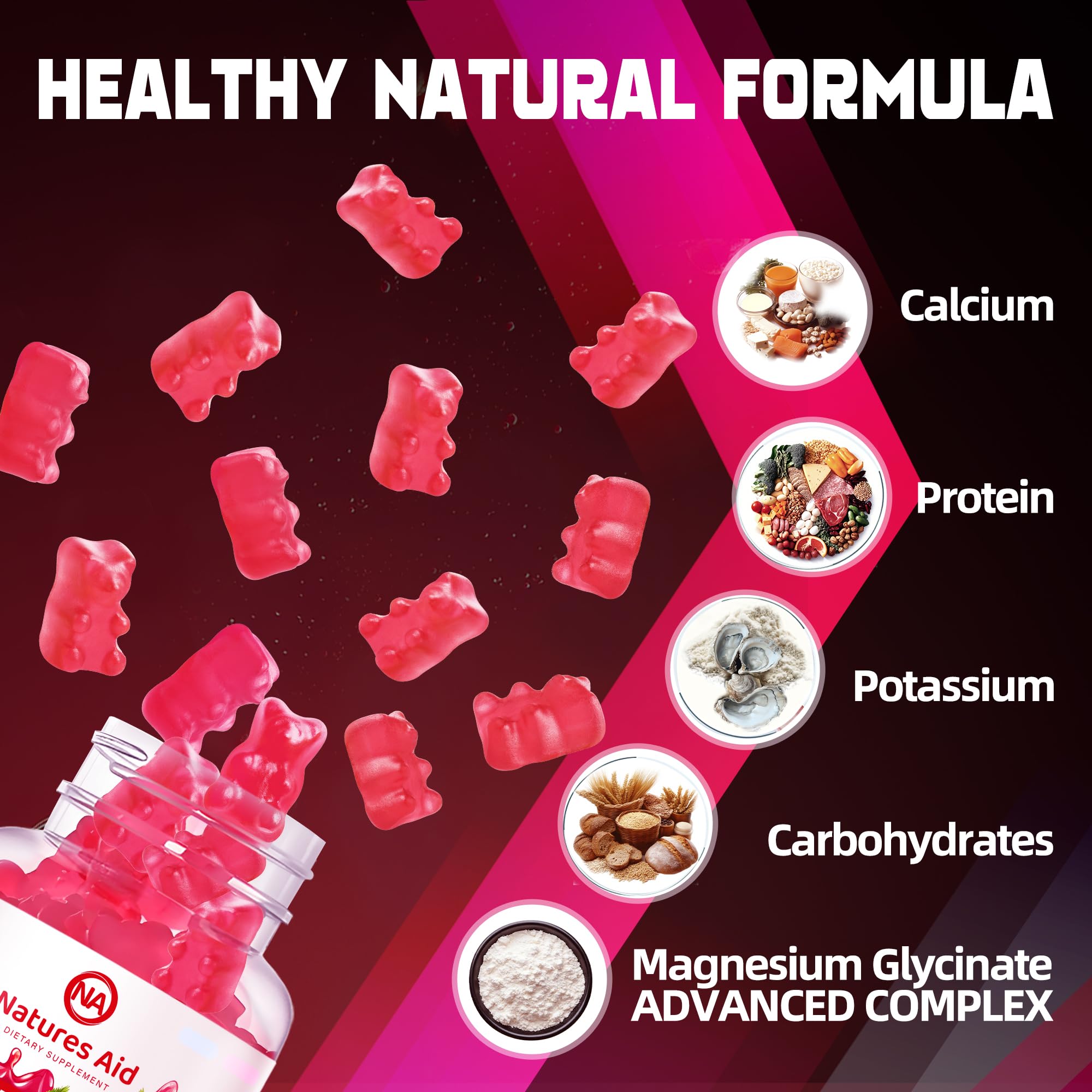 Natures Aid Magnesium Glycinate Gummies 1000mg - Sugar Free Magnesium Potassium Supplement with Vitamin D, B6, CoQ10 for Calm Mood