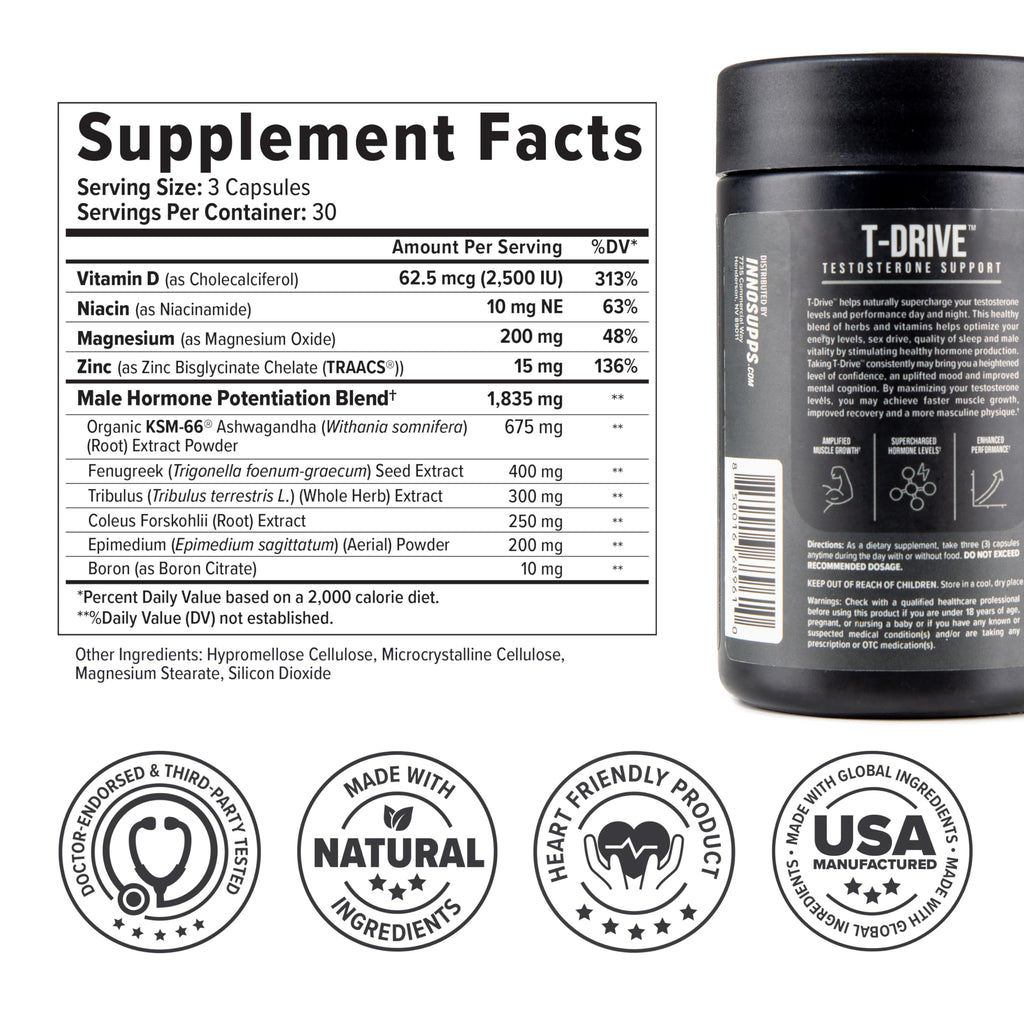 InnoSupps T-Drive Testosterone Booster Enhance Performance Amplify Muscle Growth, Increase Libido & Energy Levels w/KSM-66 Ashwagandha, Magnesium, Vitamin D, Niacin Boron, Fenugreek, 90 Caps, 30 Days InnoSupps Au supplements