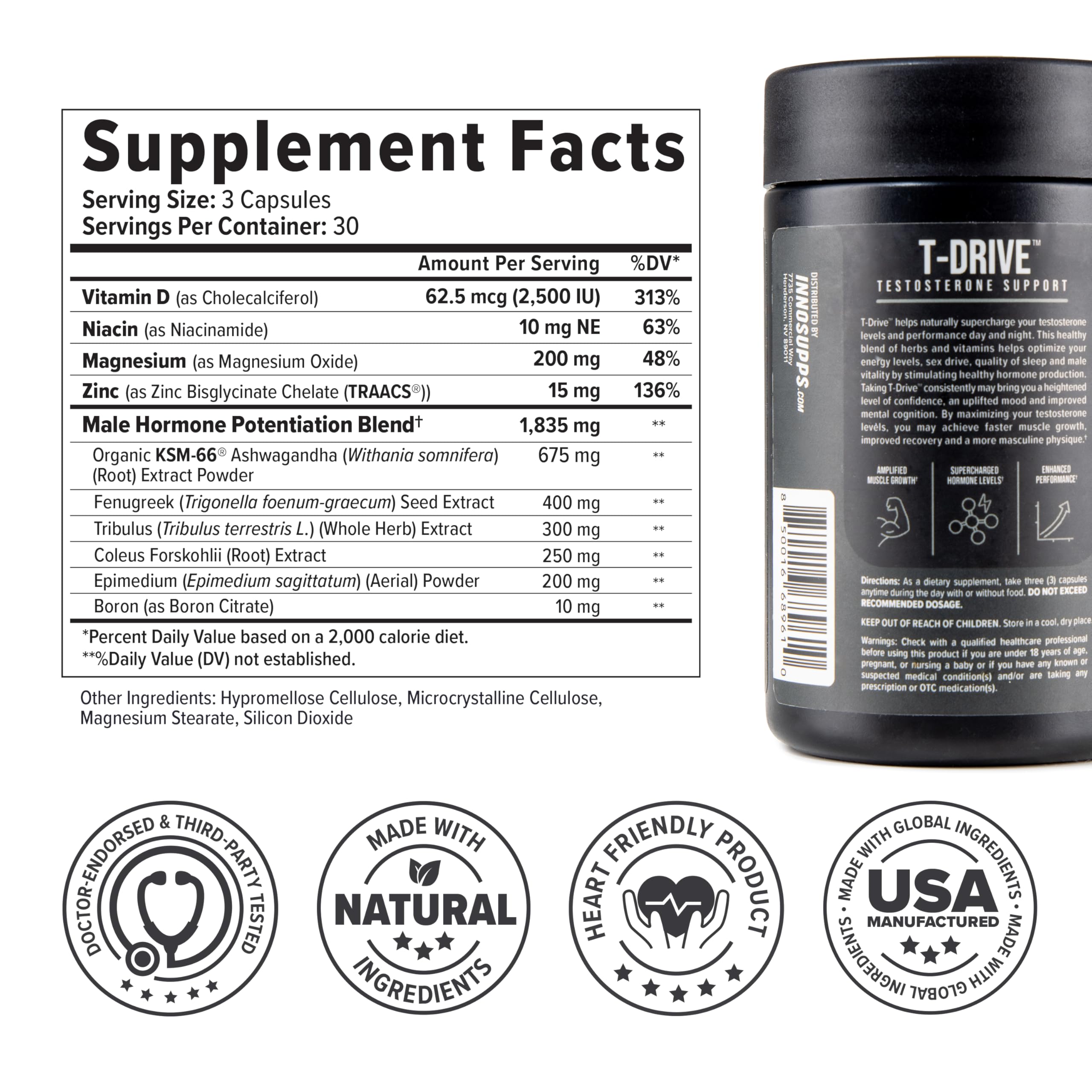 InnoSupps T-Drive Testosterone Booster Enhance Performance Amplify Muscle Growth, Increase Libido & Energy Levels w/KSM-66 Ashwagandha, Magnesium, Vitamin D, Niacin Boron, Fenugreek, 90 Caps, 30 Days InnoSupps Au supplements