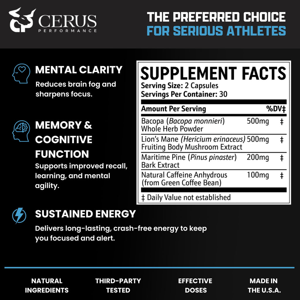 Cerus Performance Focus Nootropic Supplement - Enhances Mental Clarity, Boosts Memory & Cognitive Function, Improves Alertness - Ideal for Athletes & Fitness Enthusiasts - 60 Capsules Cerus Au supplements
