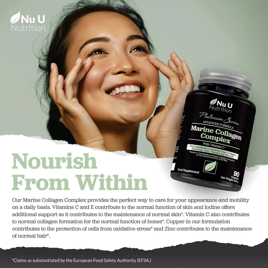 Marine Collagen with Hyaluronic Acid, Vitamin C - 90 Hydrolysed Capsules (not Tablets) - Premium High Strength Collagen Nu U Nutrition Au supplements