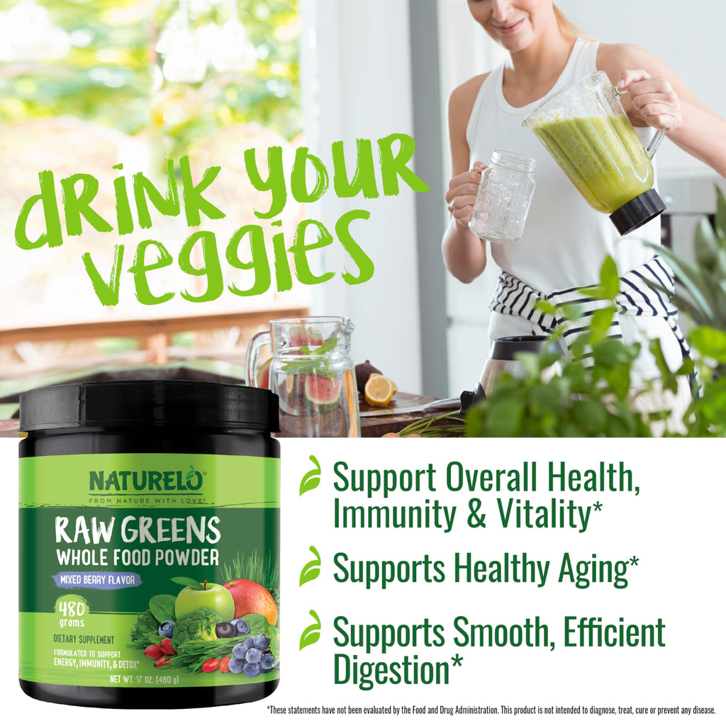 NATURELO Raw Greens Superfood Powder 480 Grams, Mixed Berry - Supports Energy, Immunity and Detox - Includes Spirulina, Wheat Grass and Organic